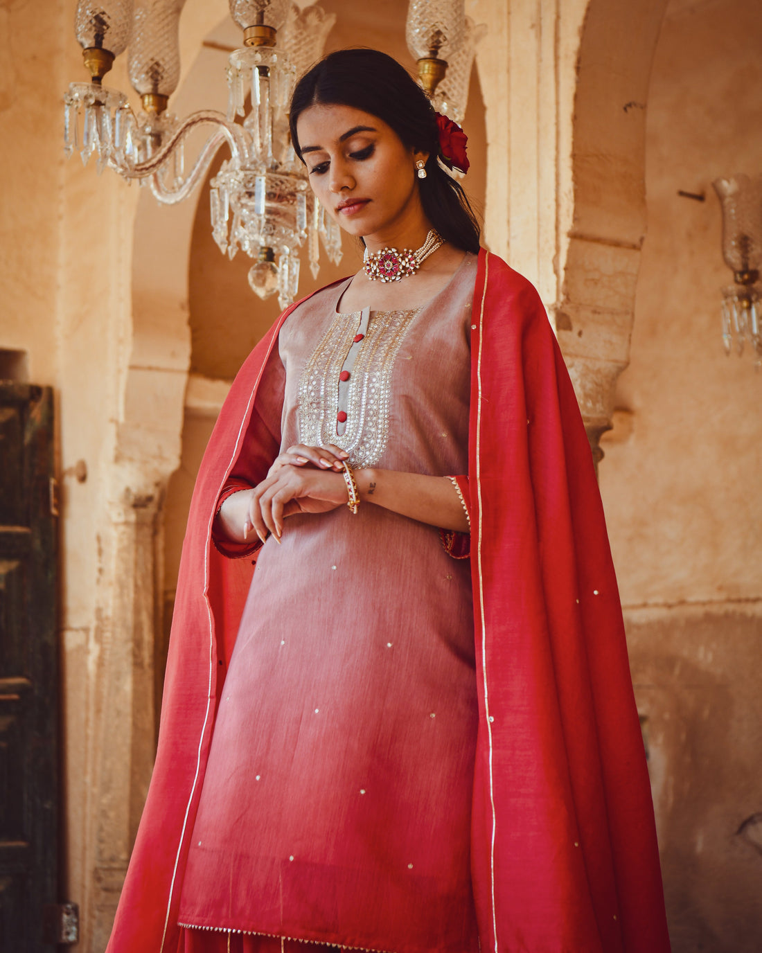 JASHN RED OMBRE SHARARA SET
