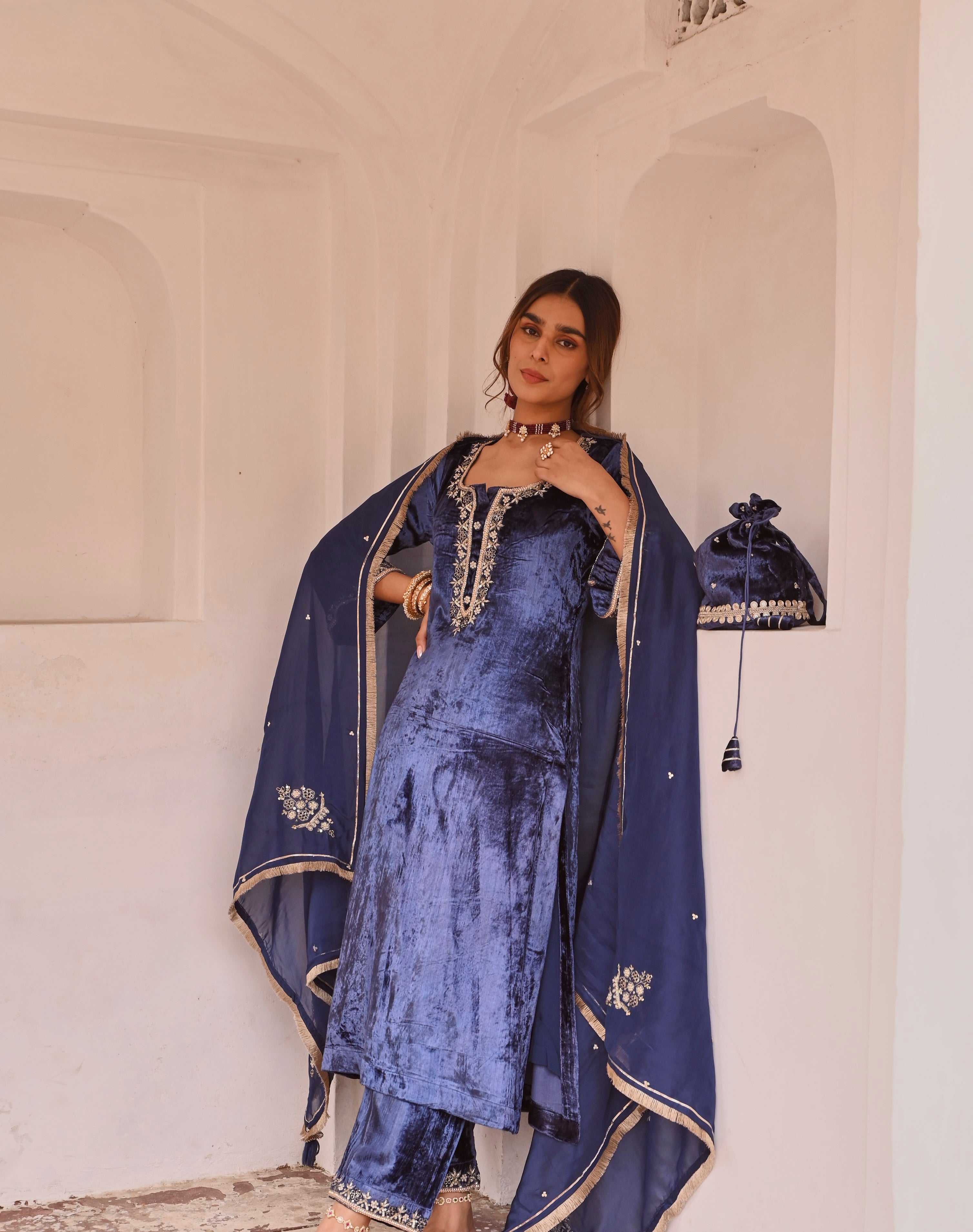 ROYAL BLUE VELVET KURTA SET