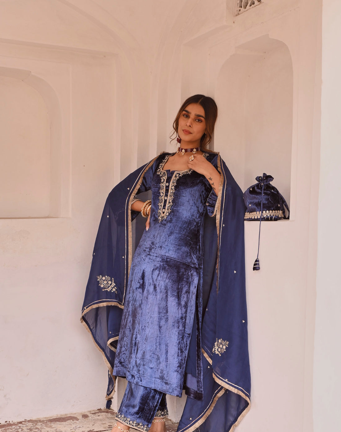 ROYAL BLUE VELVET KURTA SET