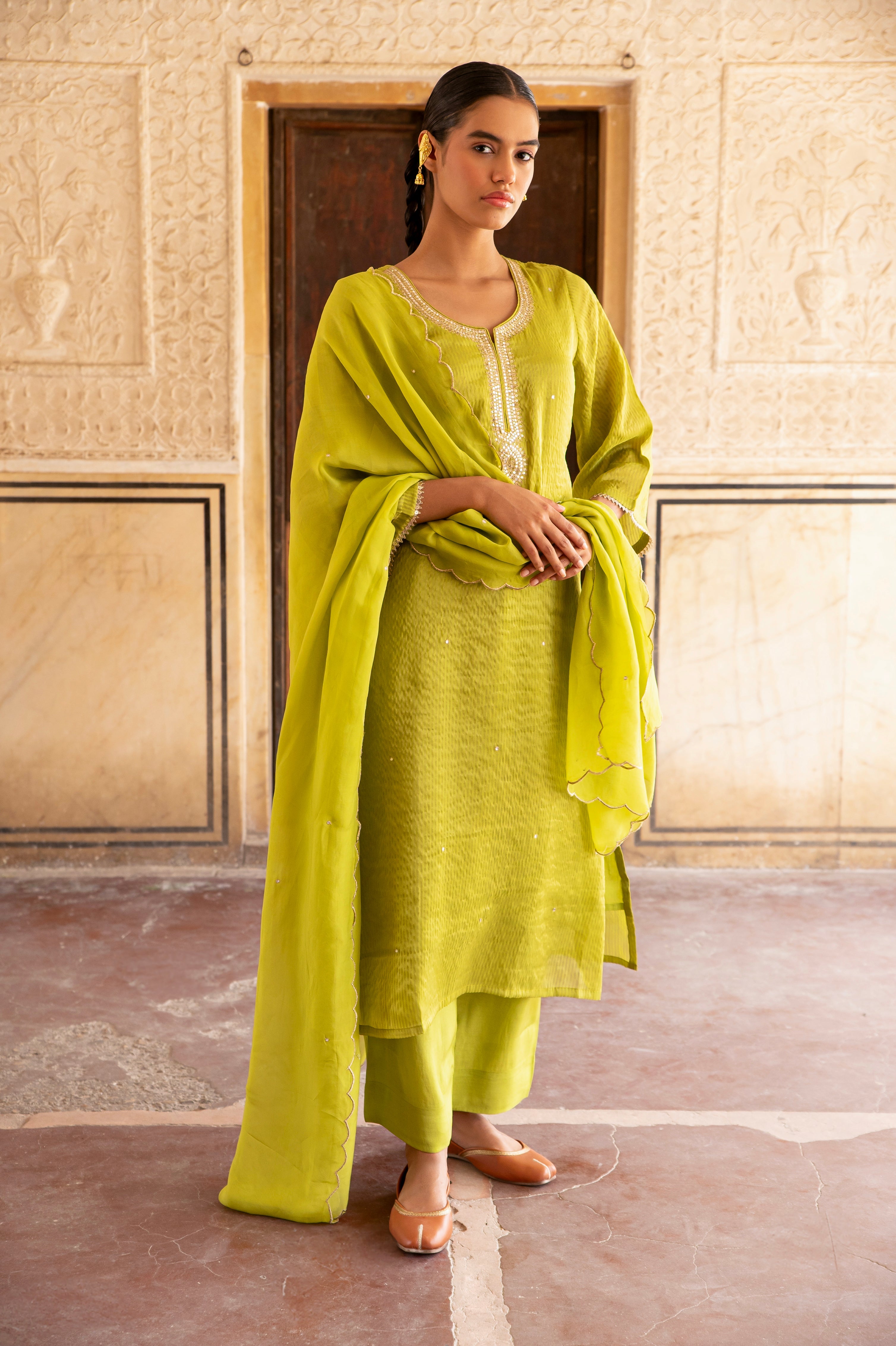 PURE LIME GREEN SHIMMER STRIPED KURTA SET