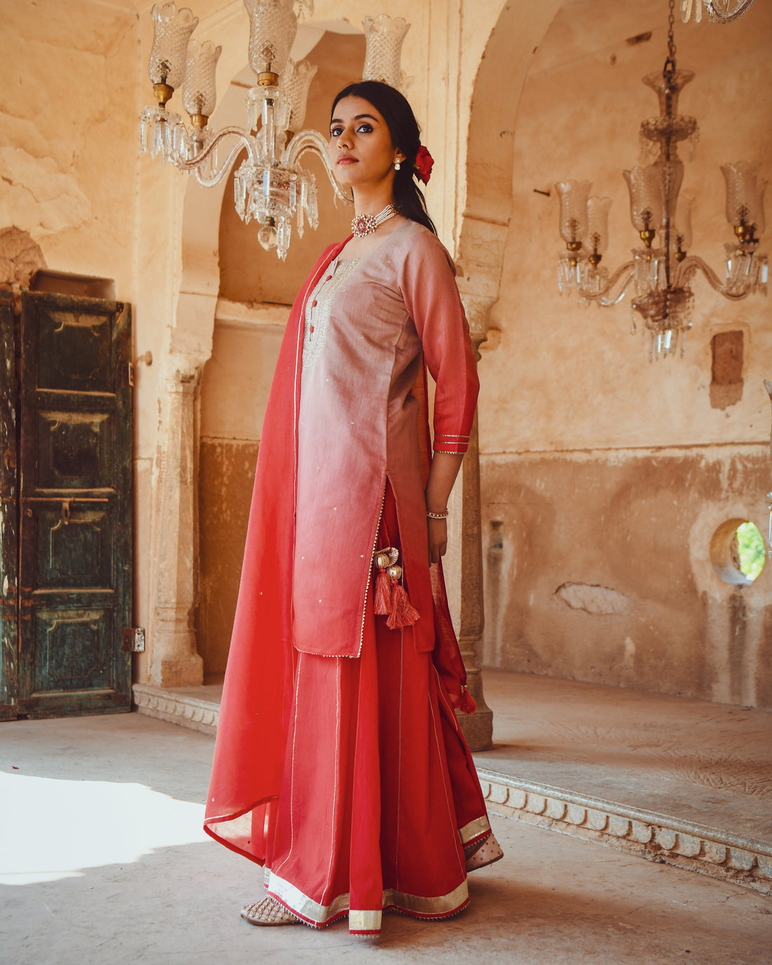 JASHN RED OMBRE SHARARA SET