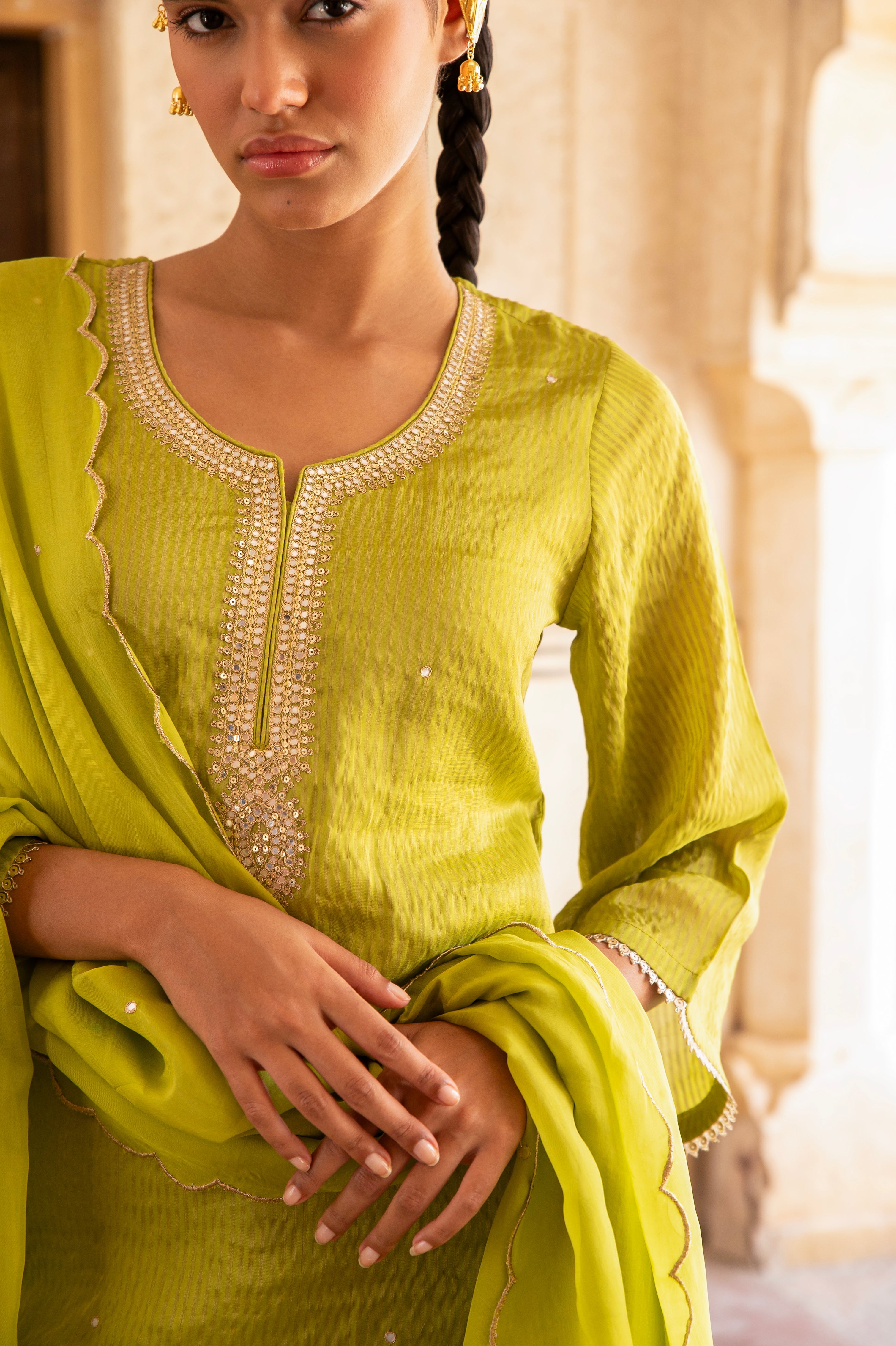 PURE LIME GREEN SHIMMER STRIPED KURTA SET