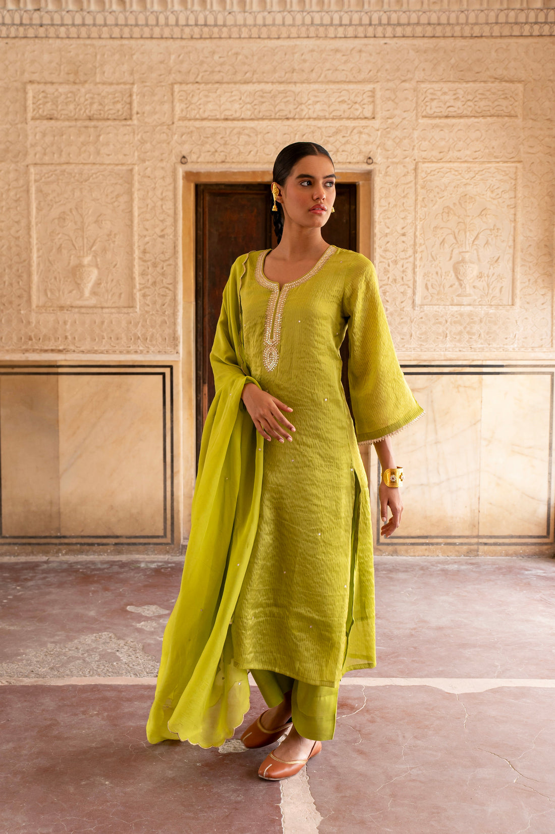PURE LIME GREEN SHIMMER STRIPED KURTA SET