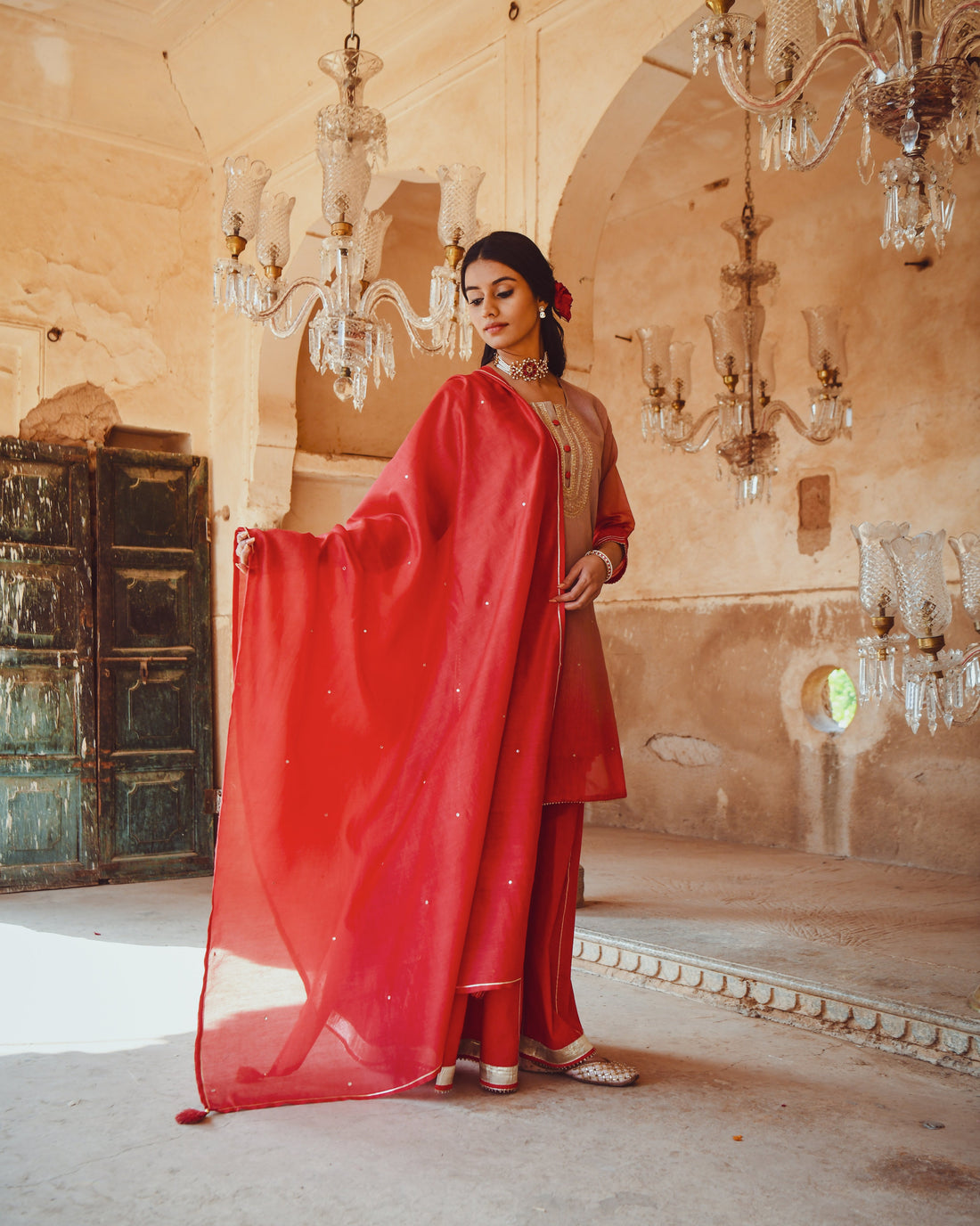 JASHN RED OMBRE SHARARA SET