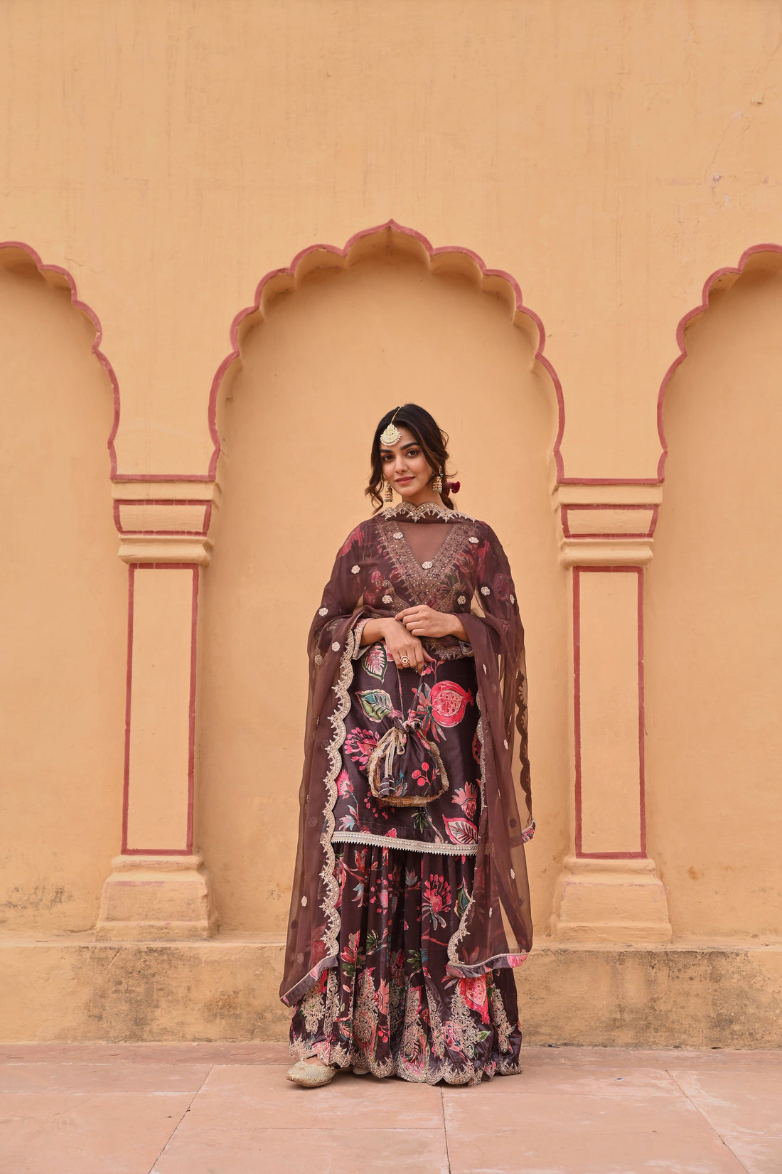 BROWN PRINTED VELVET SHARARA SET