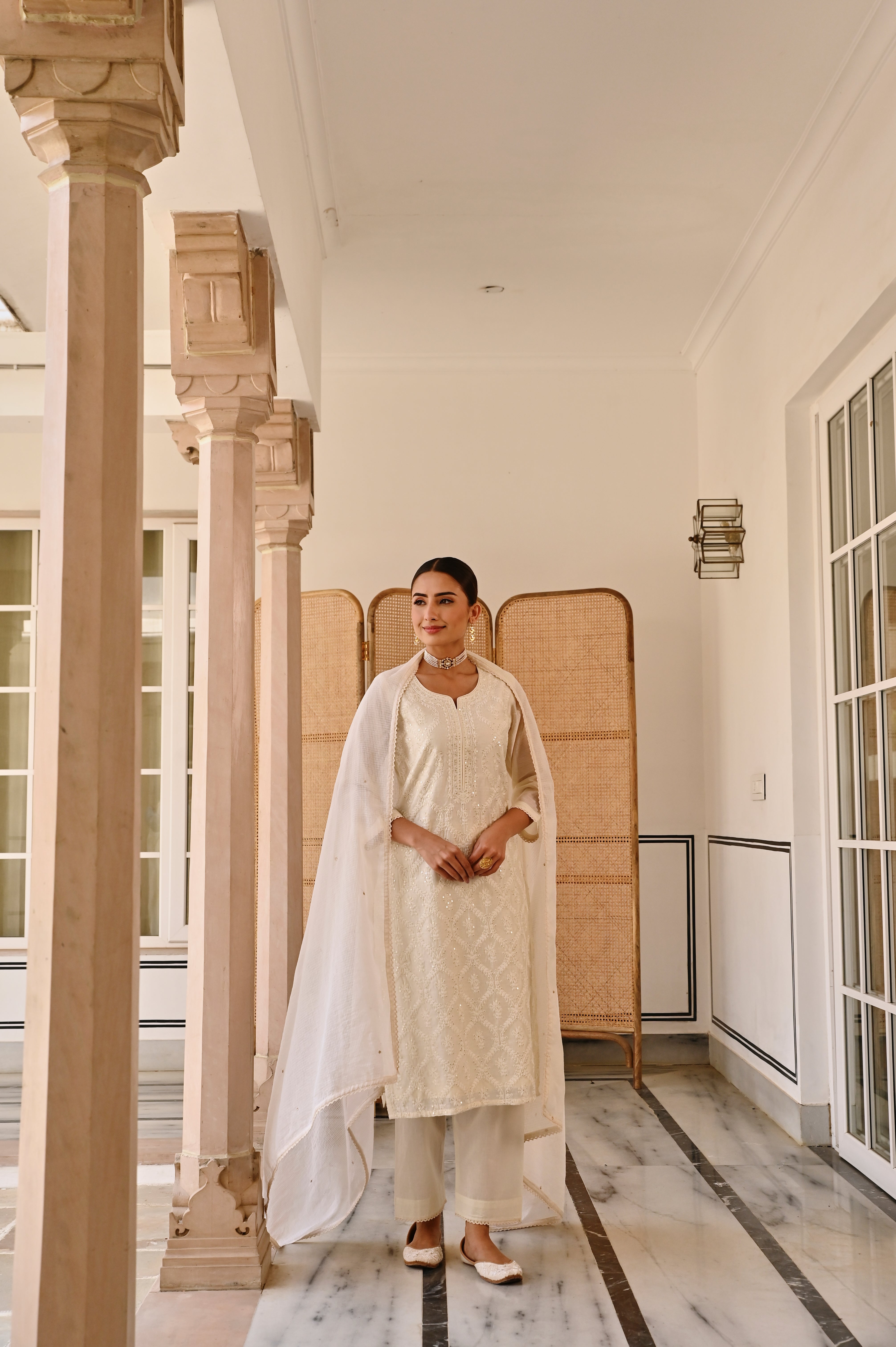 CREAM CHIKANKARI CHANDERI KURTA SET