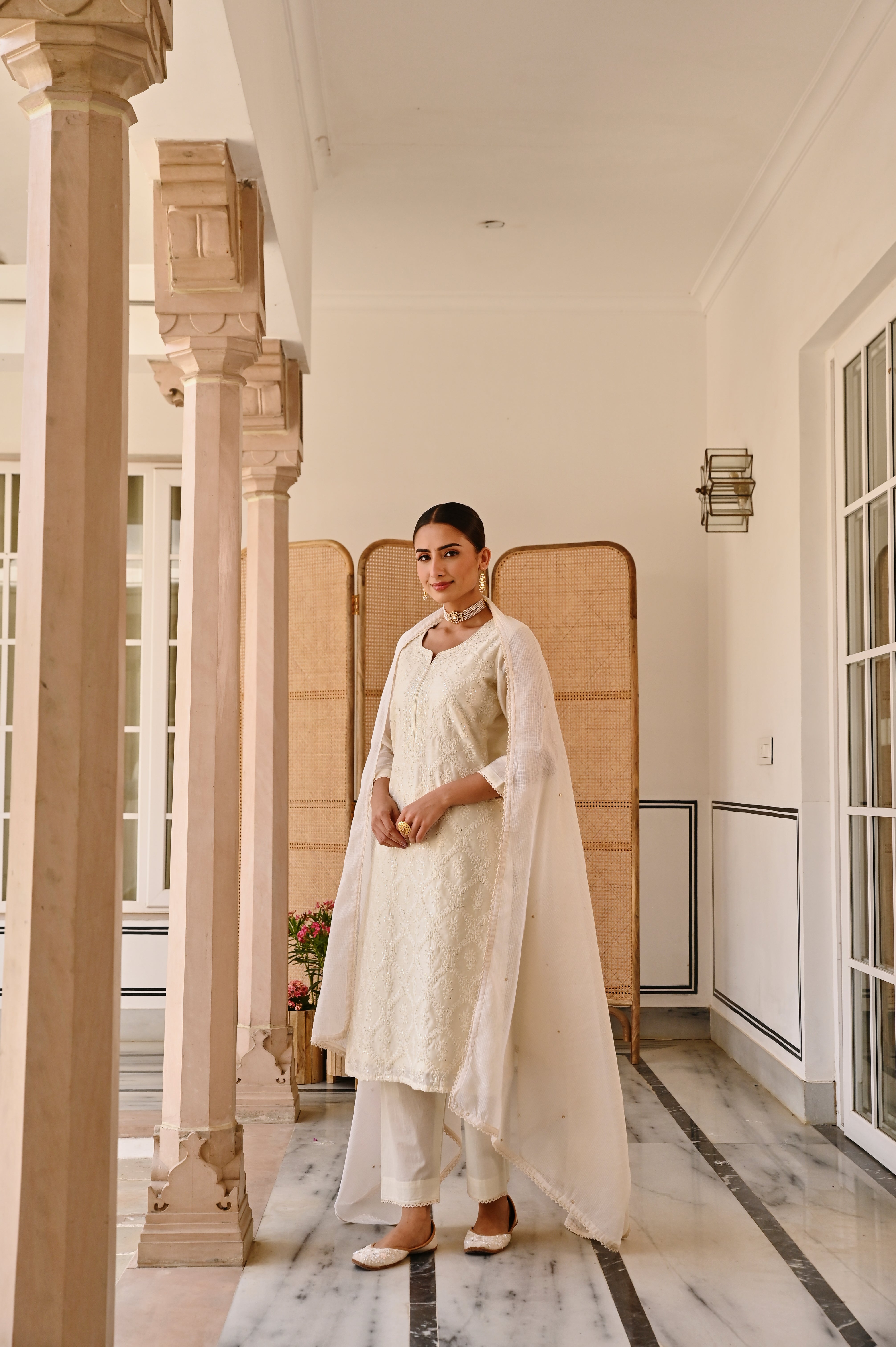 CREAM CHIKANKARI CHANDERI KURTA SET