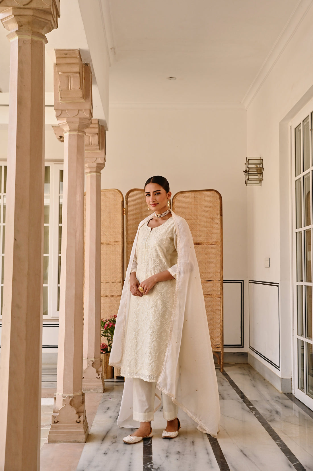 CREAM CHIKANKARI CHANDERI KURTA SET