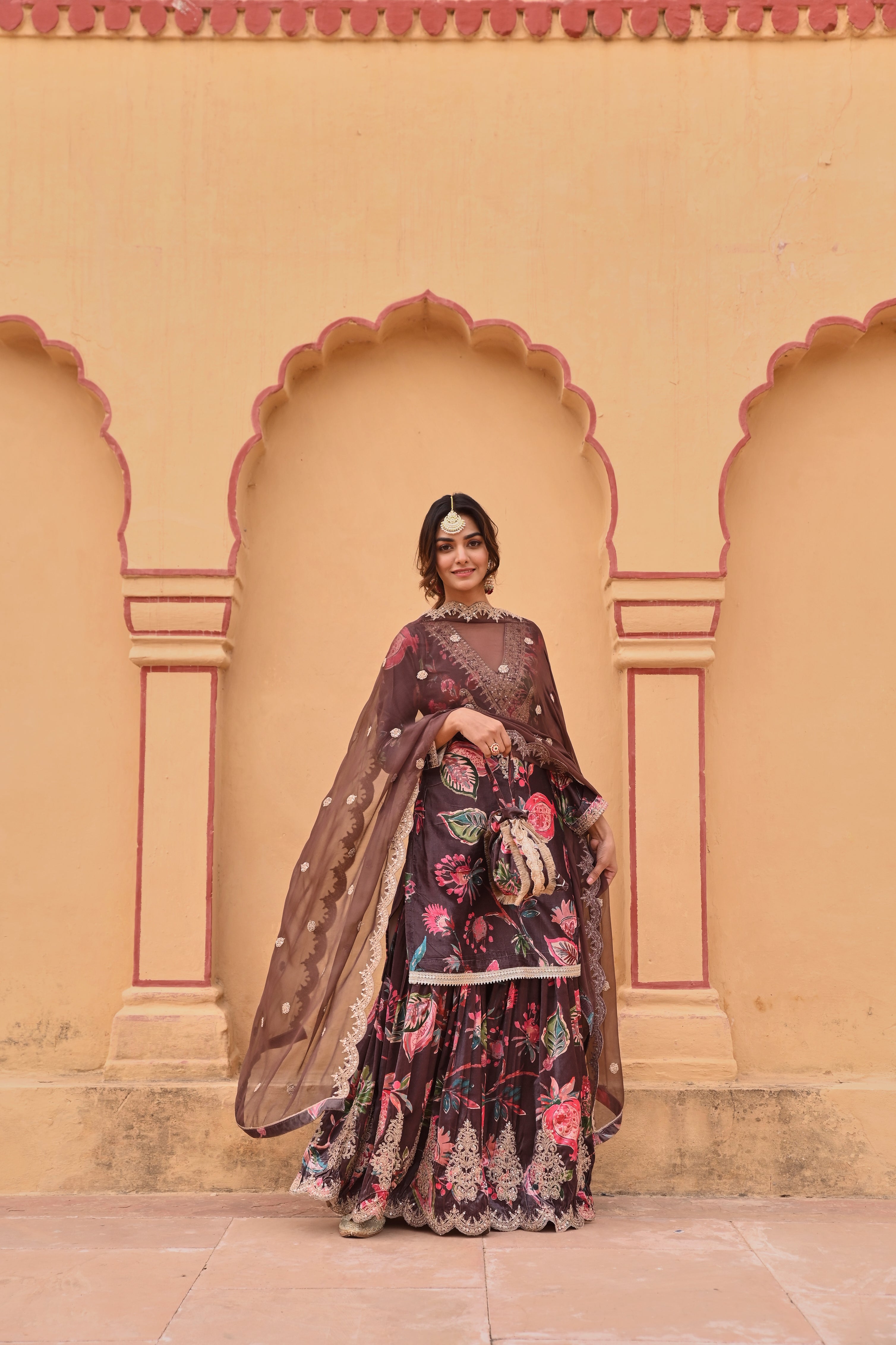 BROWN PRINTED VELVET SHARARA SET
