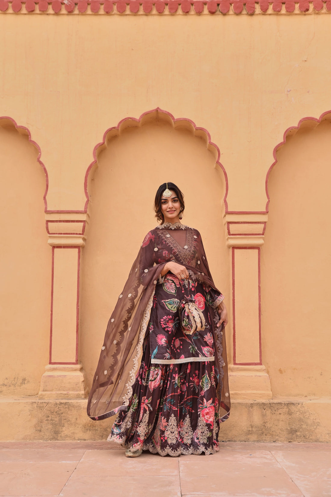BROWN PRINTED VELVET SHARARA SET