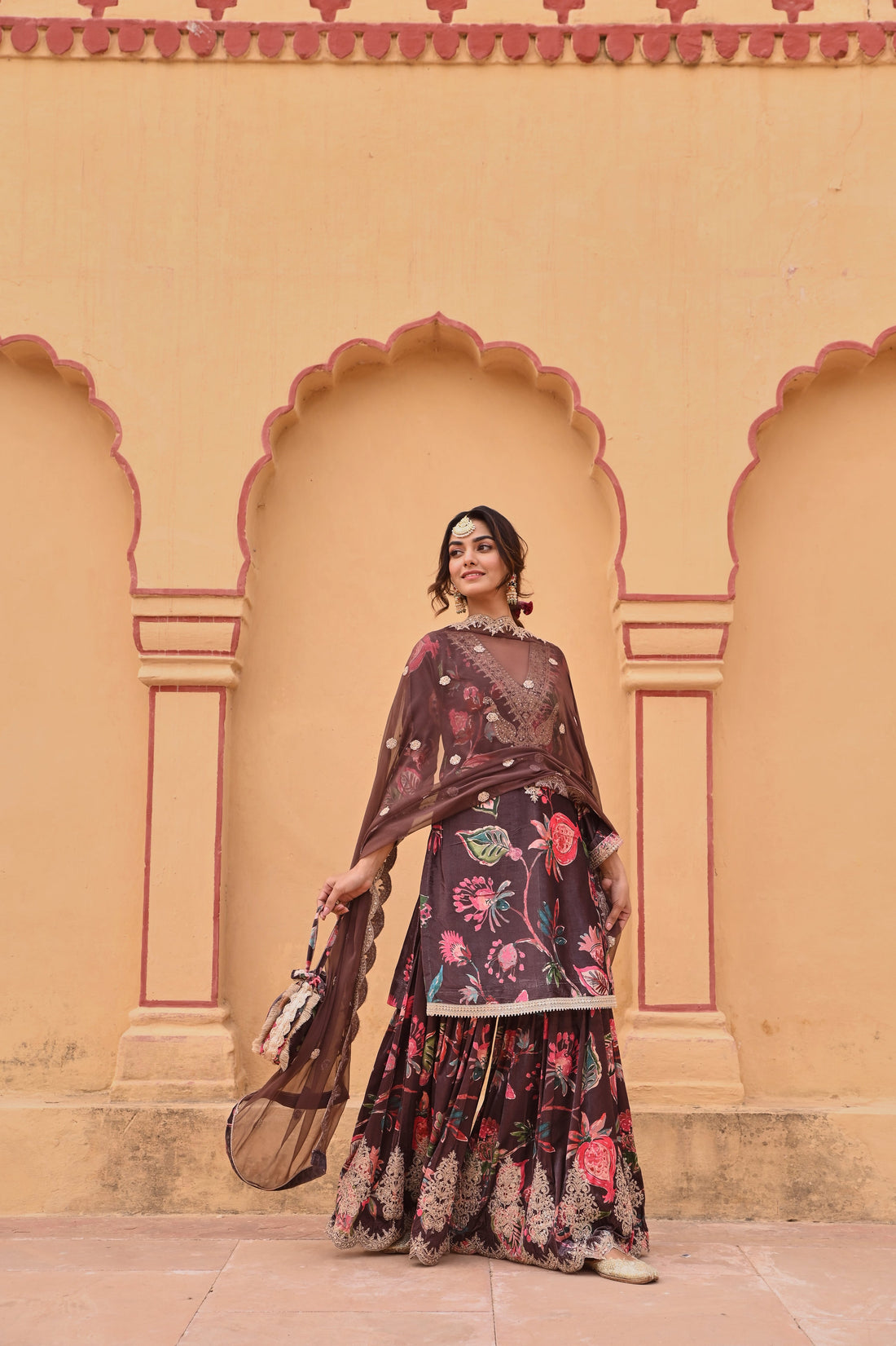BROWN PRINTED VELVET SHARARA SET