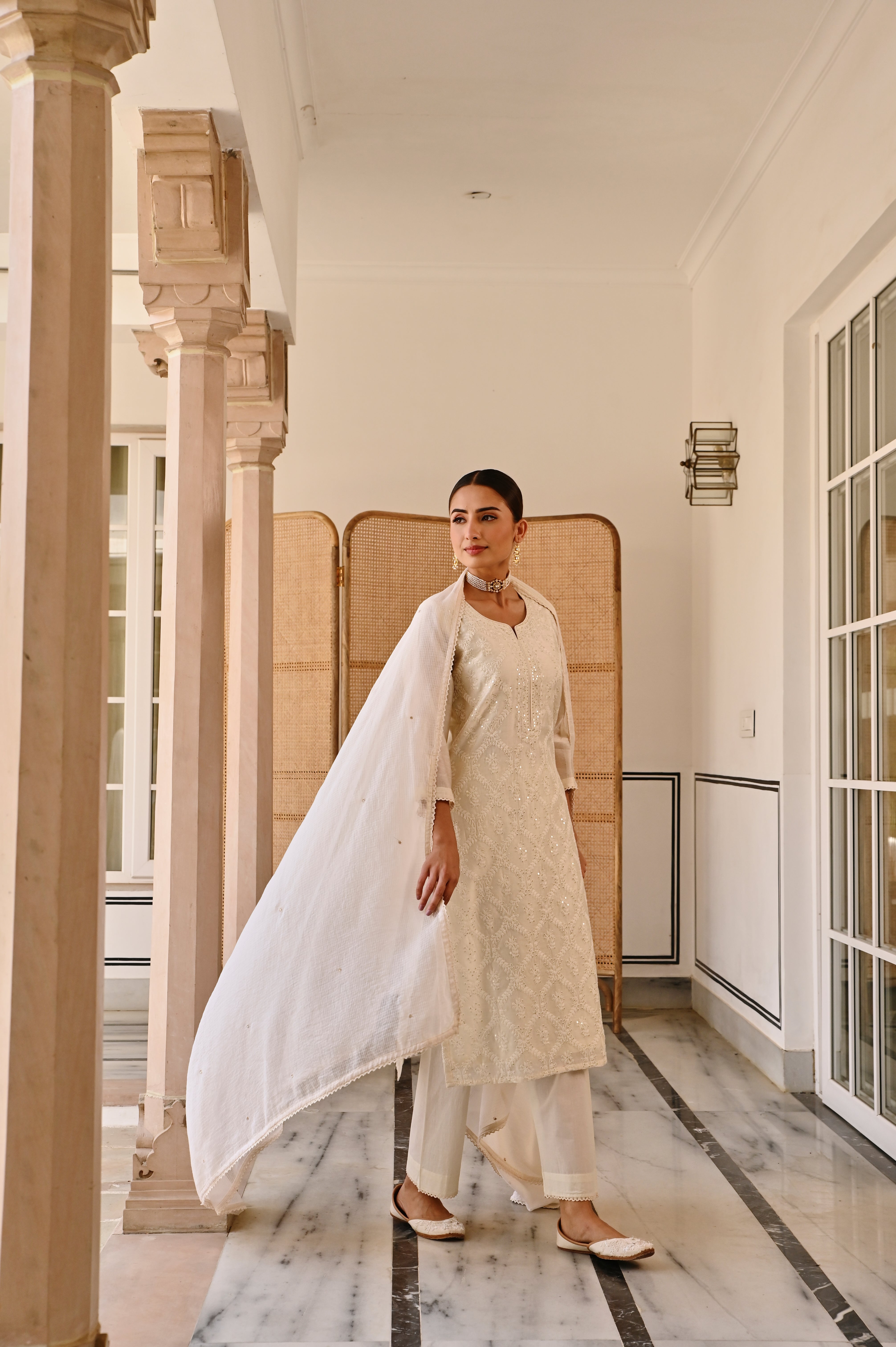 CREAM CHIKANKARI CHANDERI KURTA SET