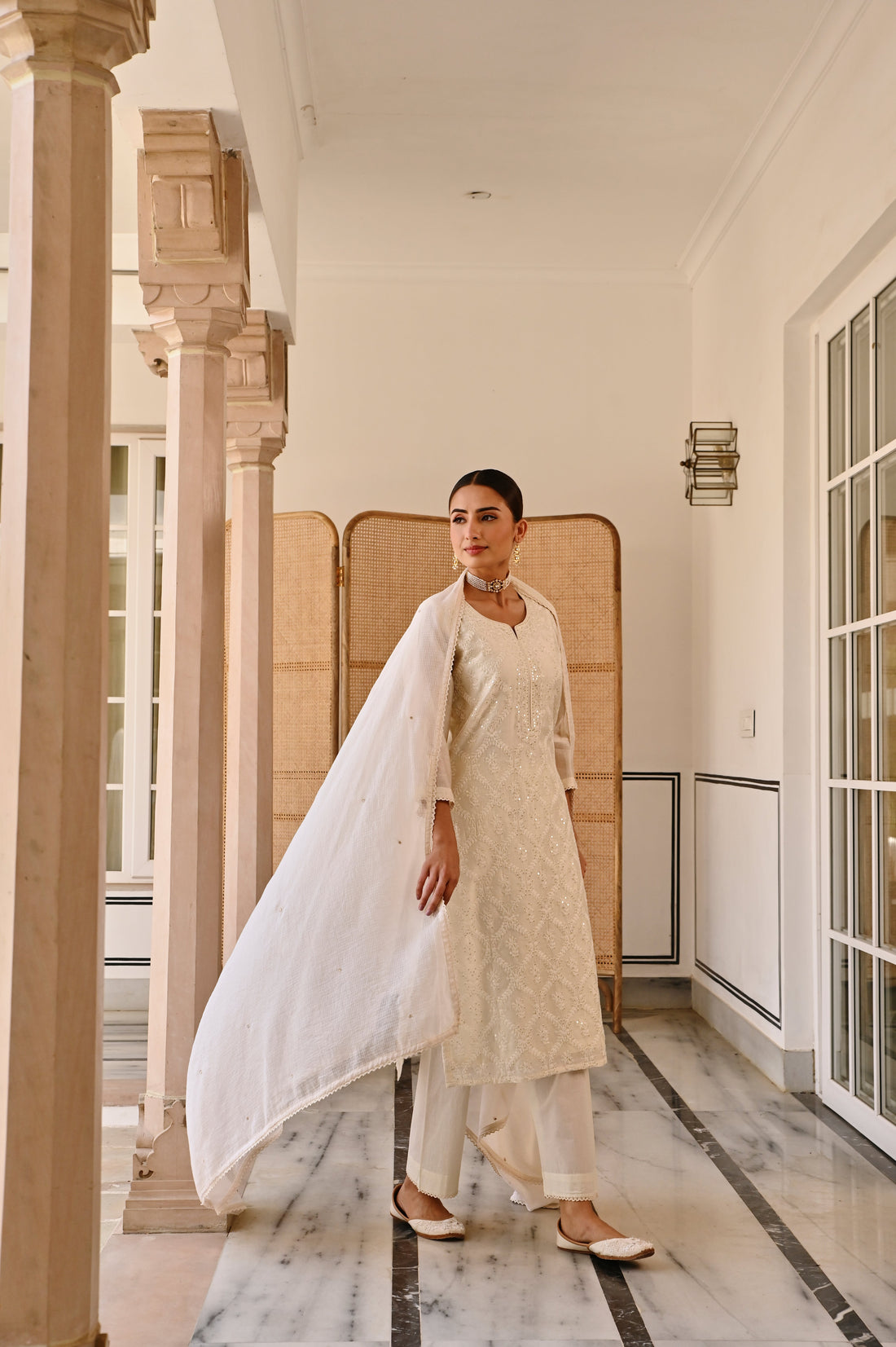 CREAM CHIKANKARI CHANDERI KURTA SET