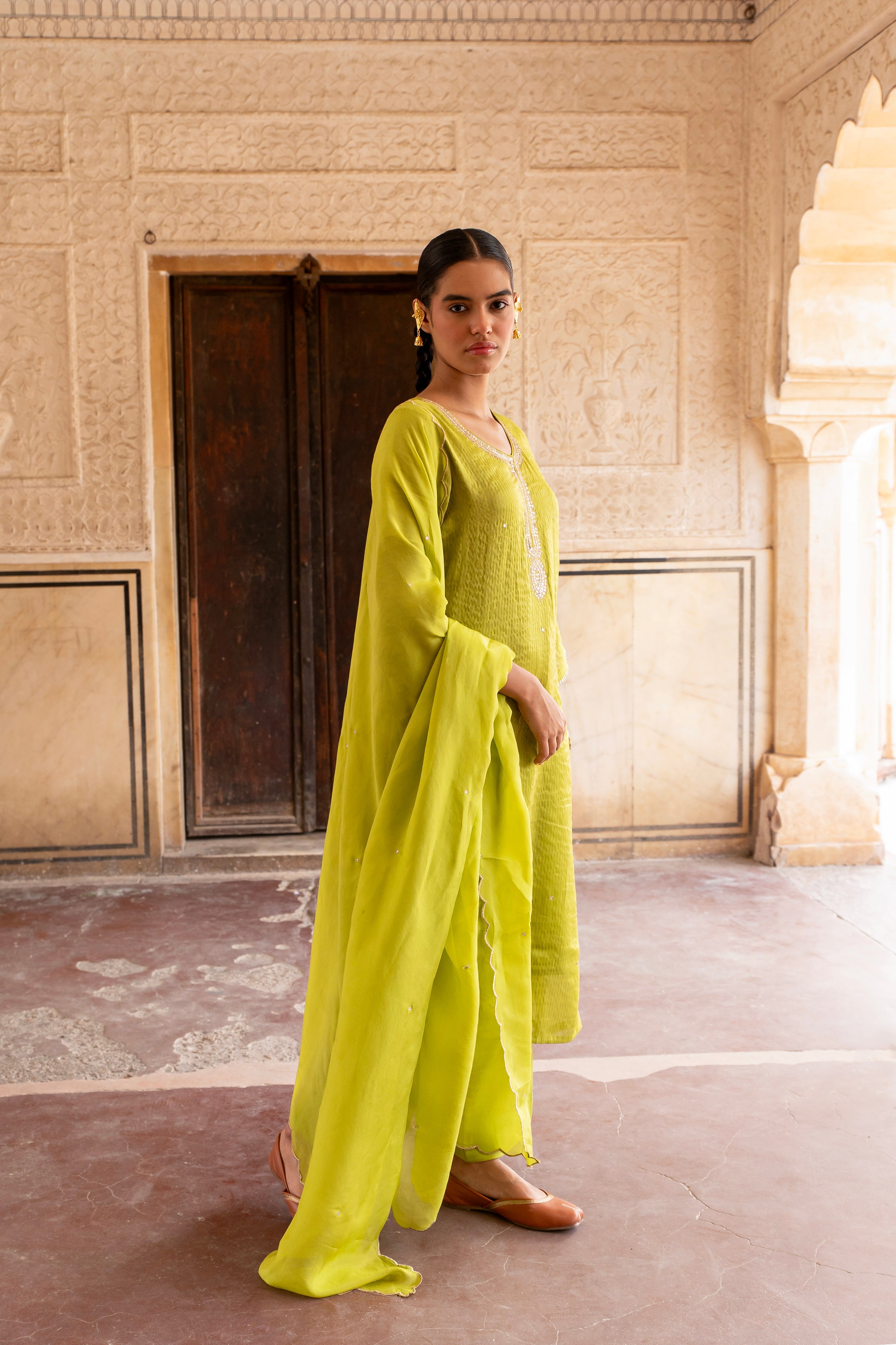 PURE LIME GREEN SHIMMER STRIPED KURTA SET