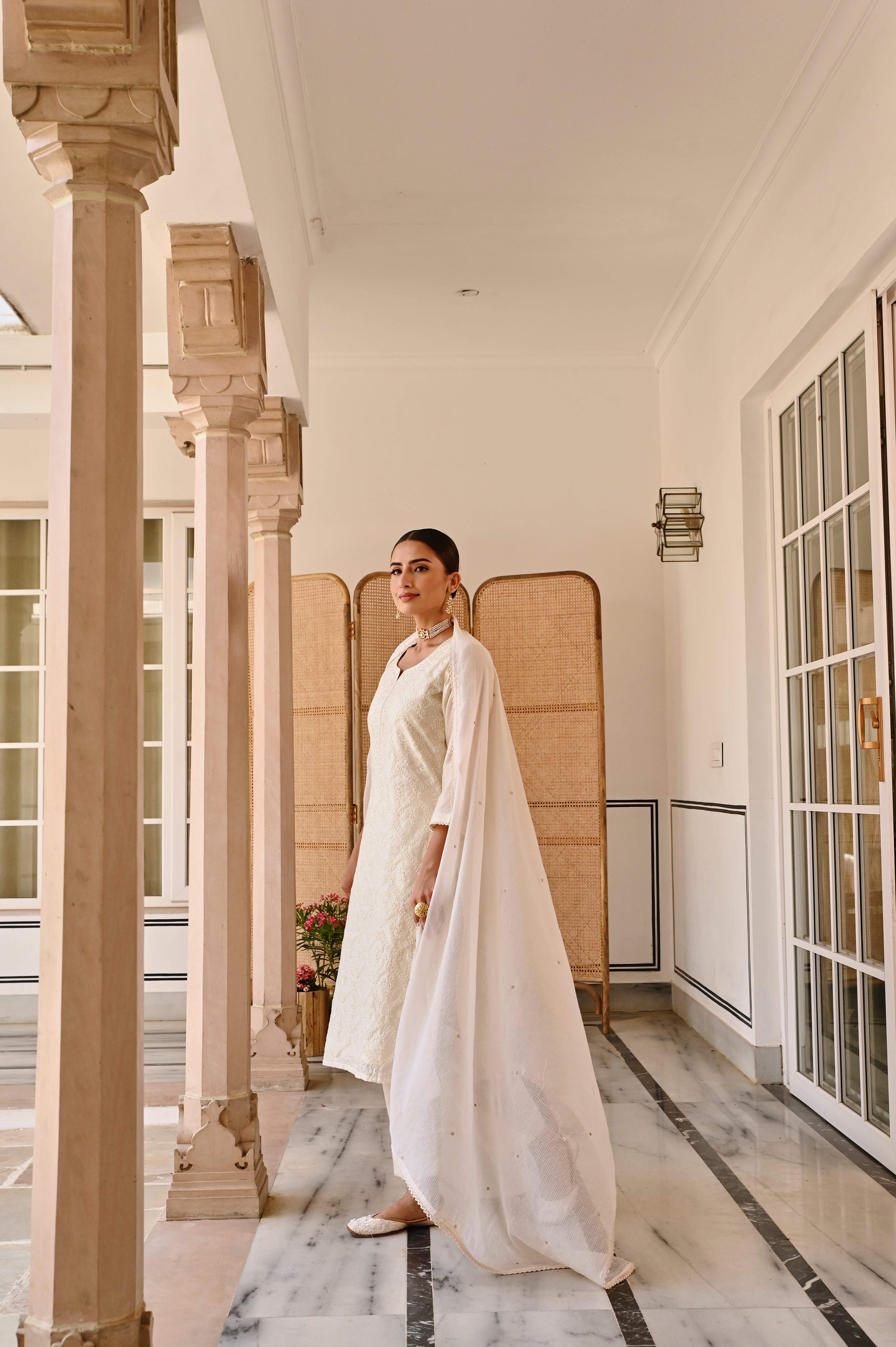 CREAM CHIKANKARI CHANDERI KURTA SET