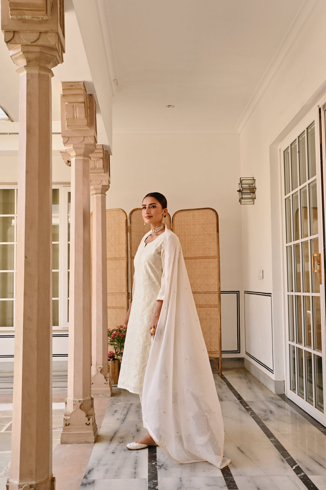 CREAM CHIKANKARI CHANDERI KURTA SET