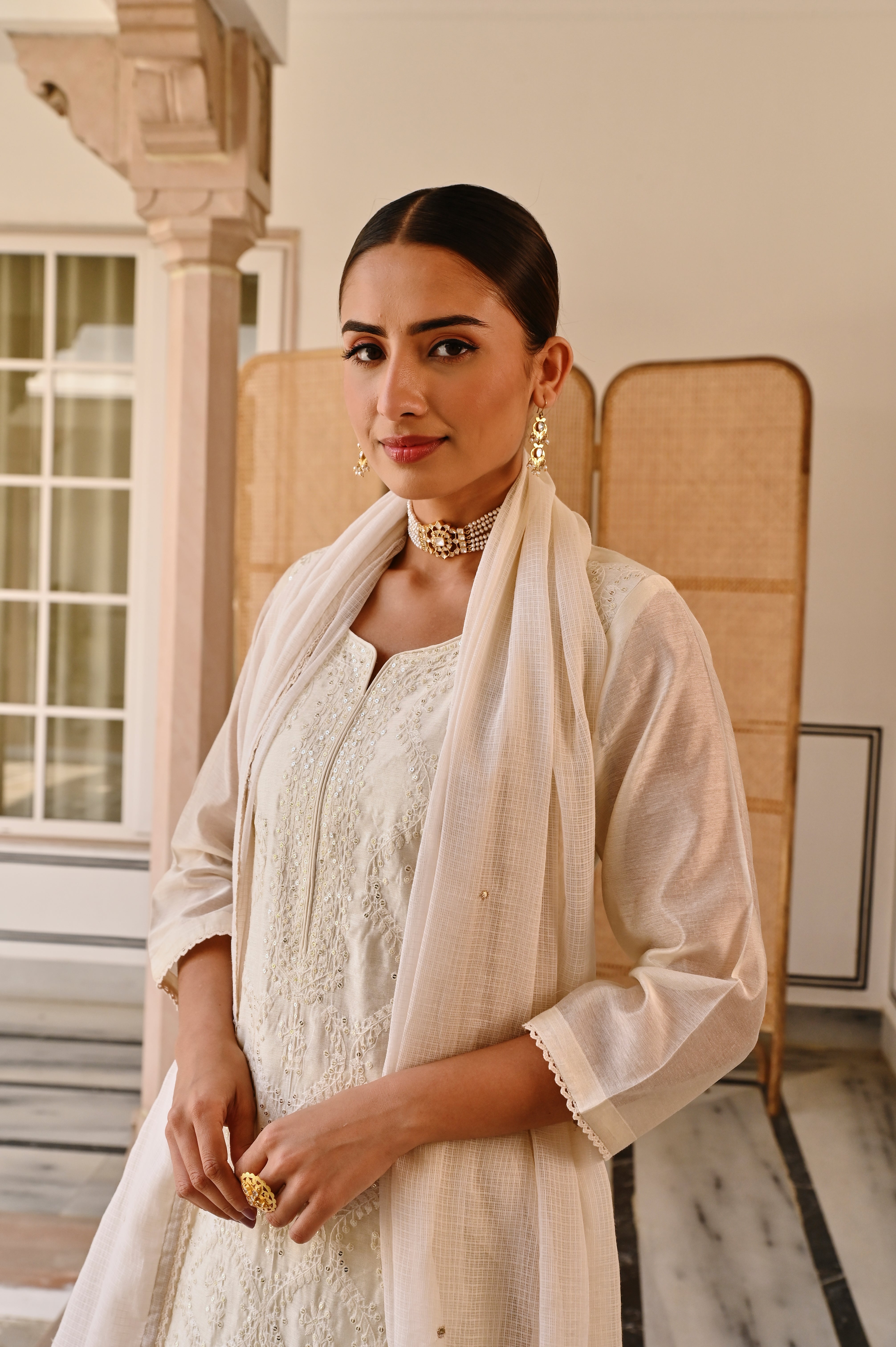 CREAM CHIKANKARI CHANDERI KURTA SET