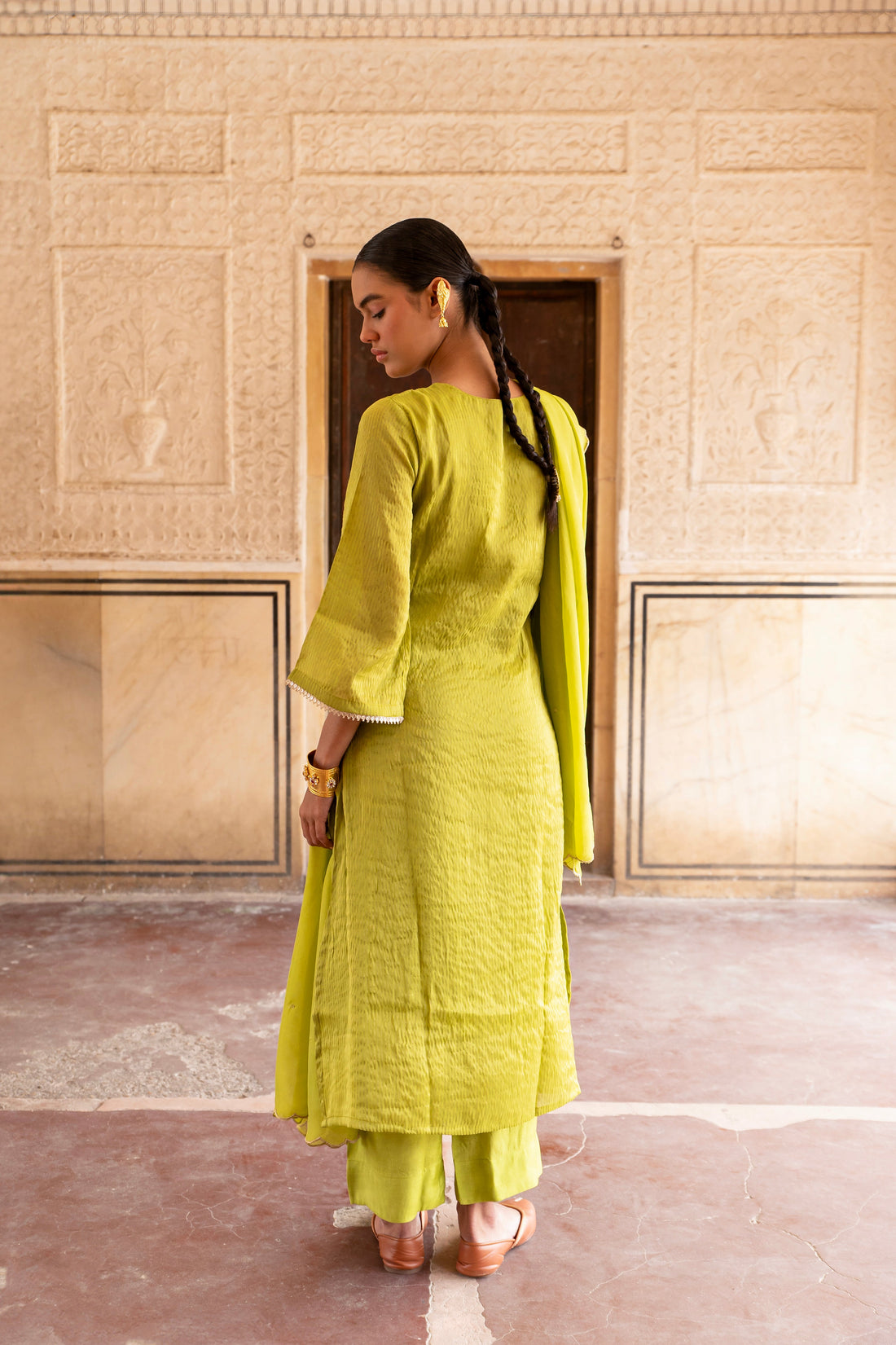 PURE LIME GREEN SHIMMER STRIPED KURTA SET