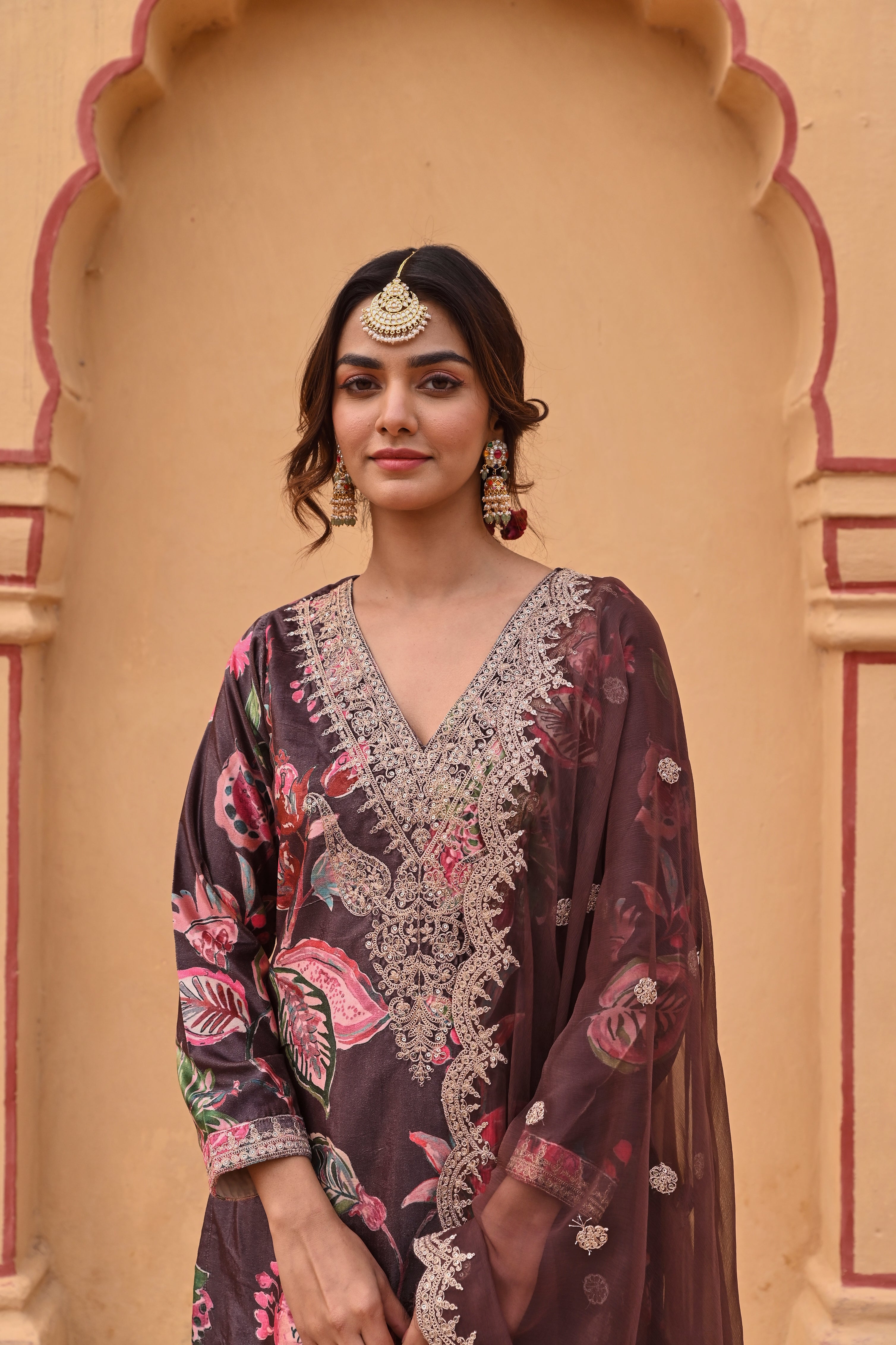 BROWN PRINTED VELVET SHARARA SET