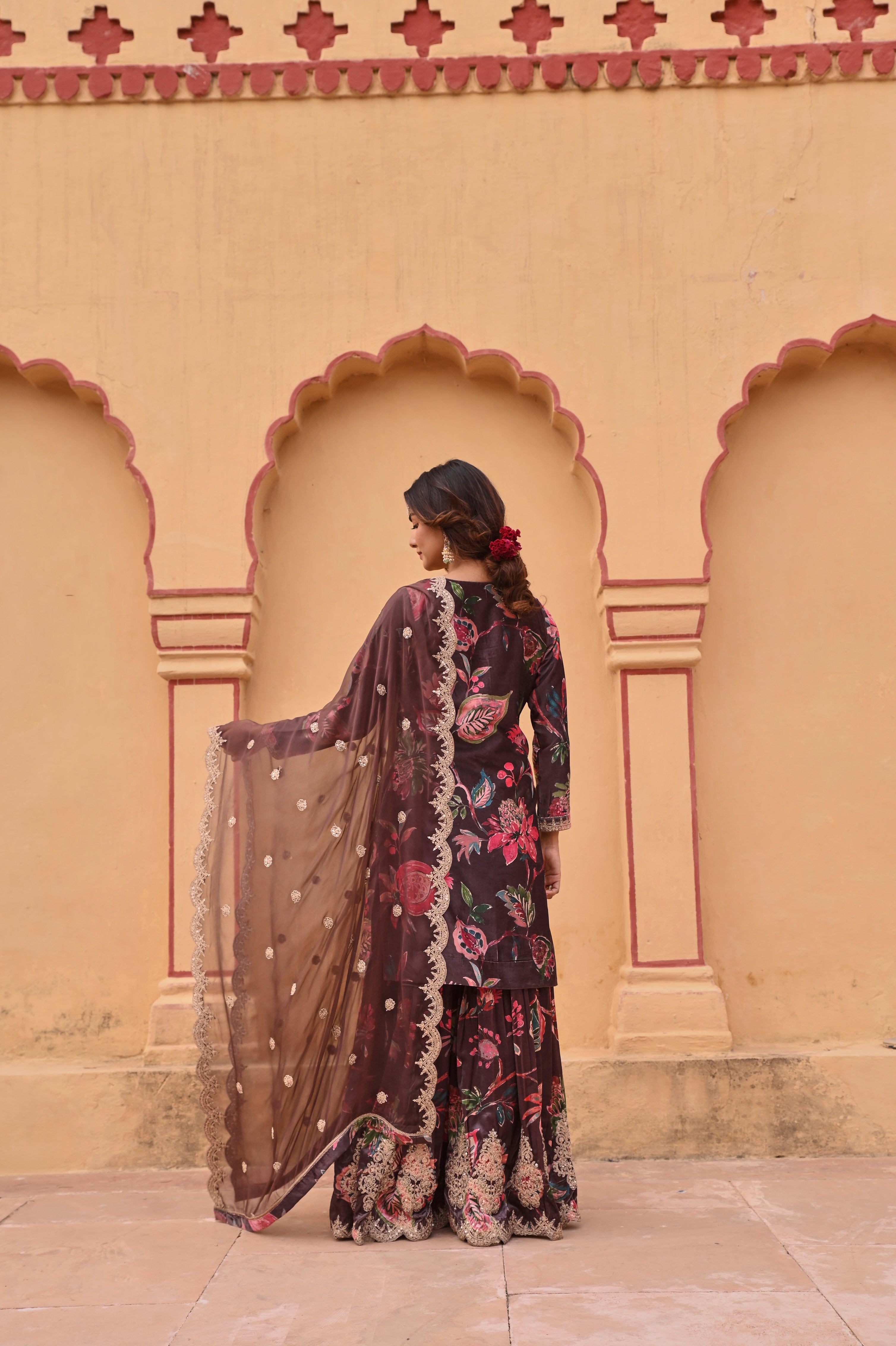 BROWN PRINTED VELVET SHARARA SET