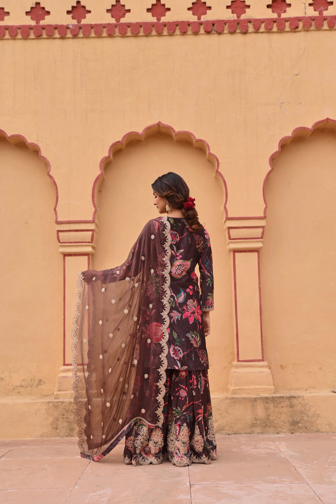 BROWN PRINTED VELVET SHARARA SET