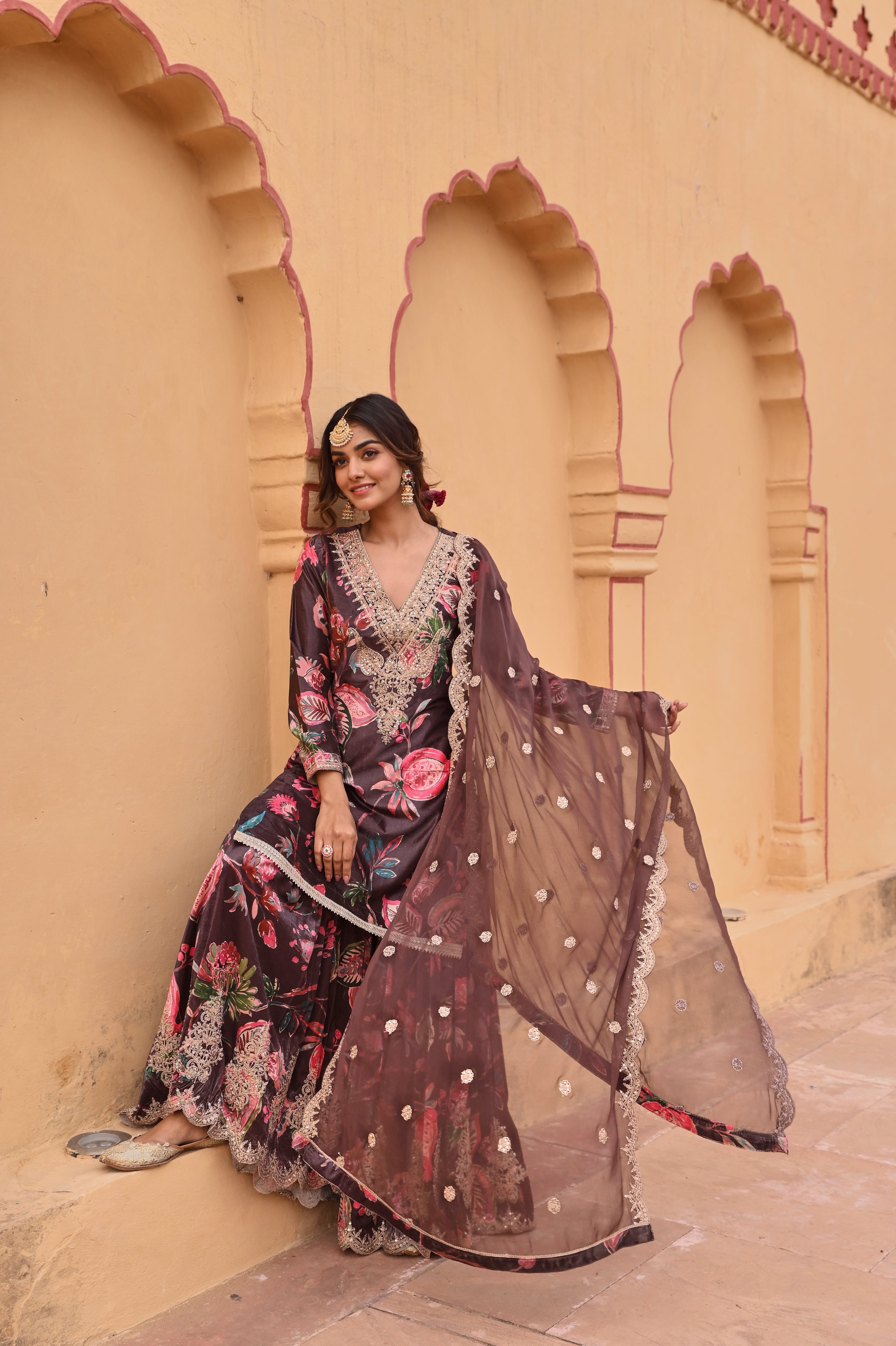 BROWN PRINTED VELVET SHARARA SET