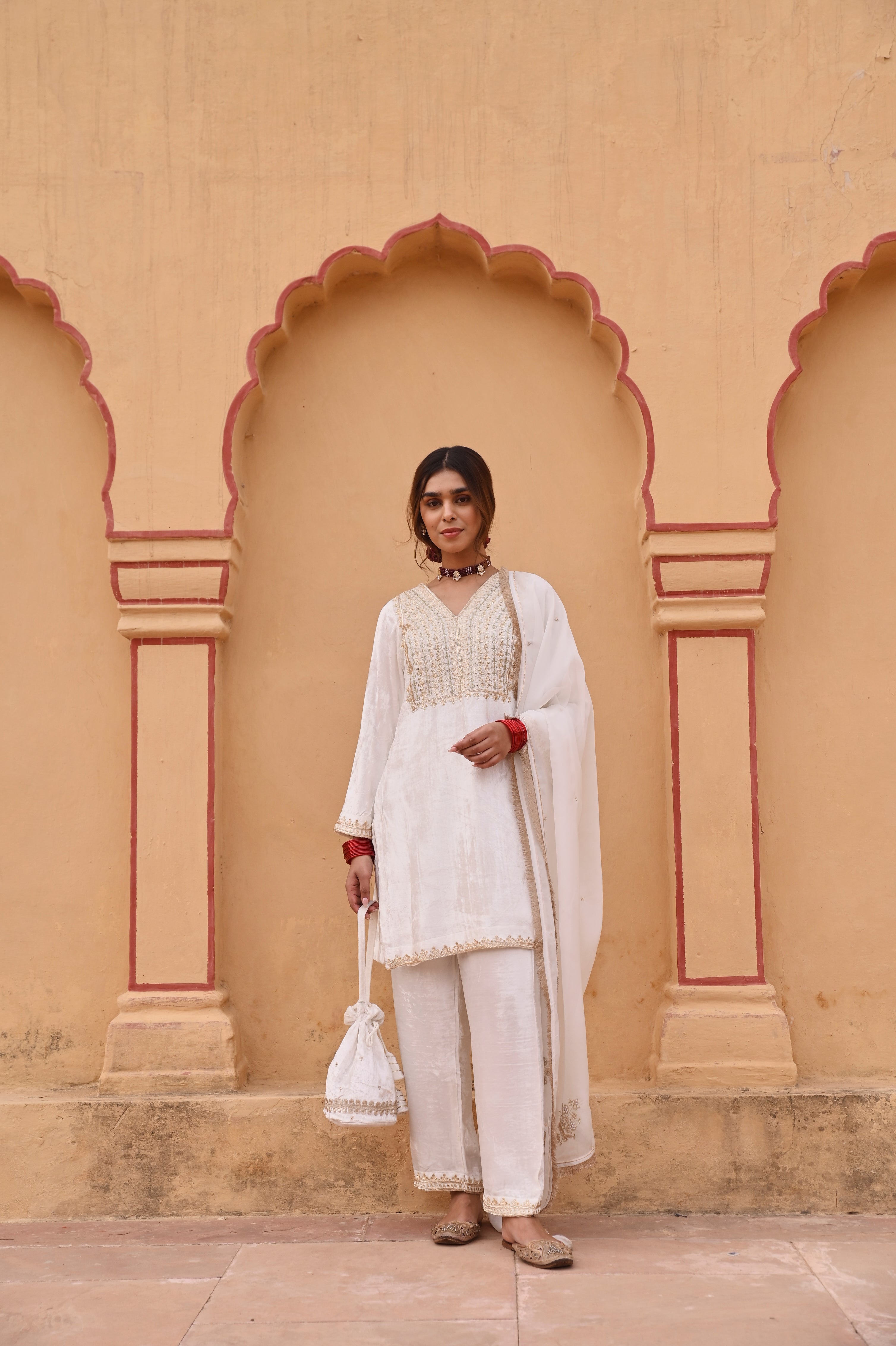 WHITE SHORT VELVET KURTA SET