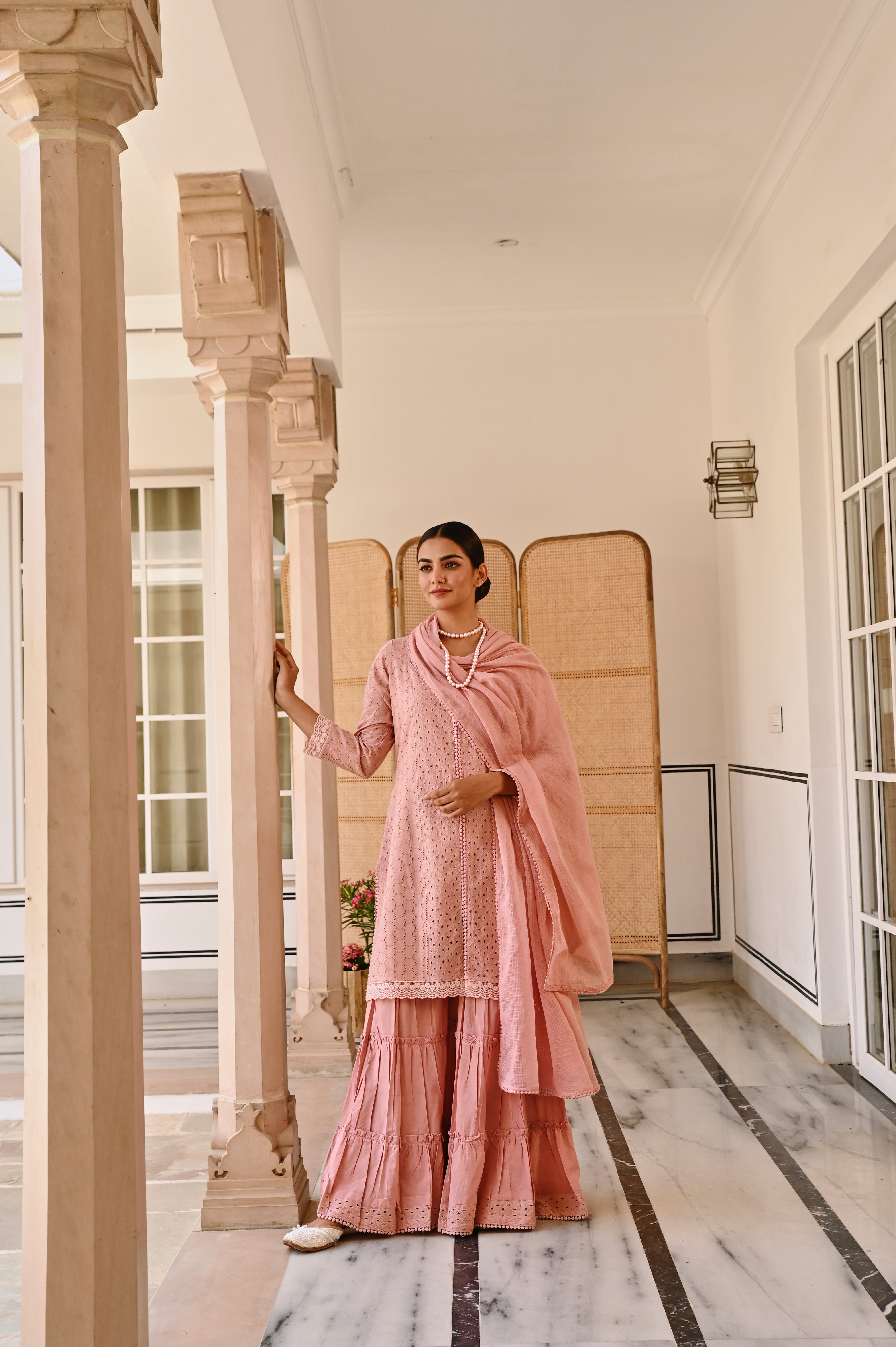 ROSE PINK SCHIFFALI KURTA SHARARA SET