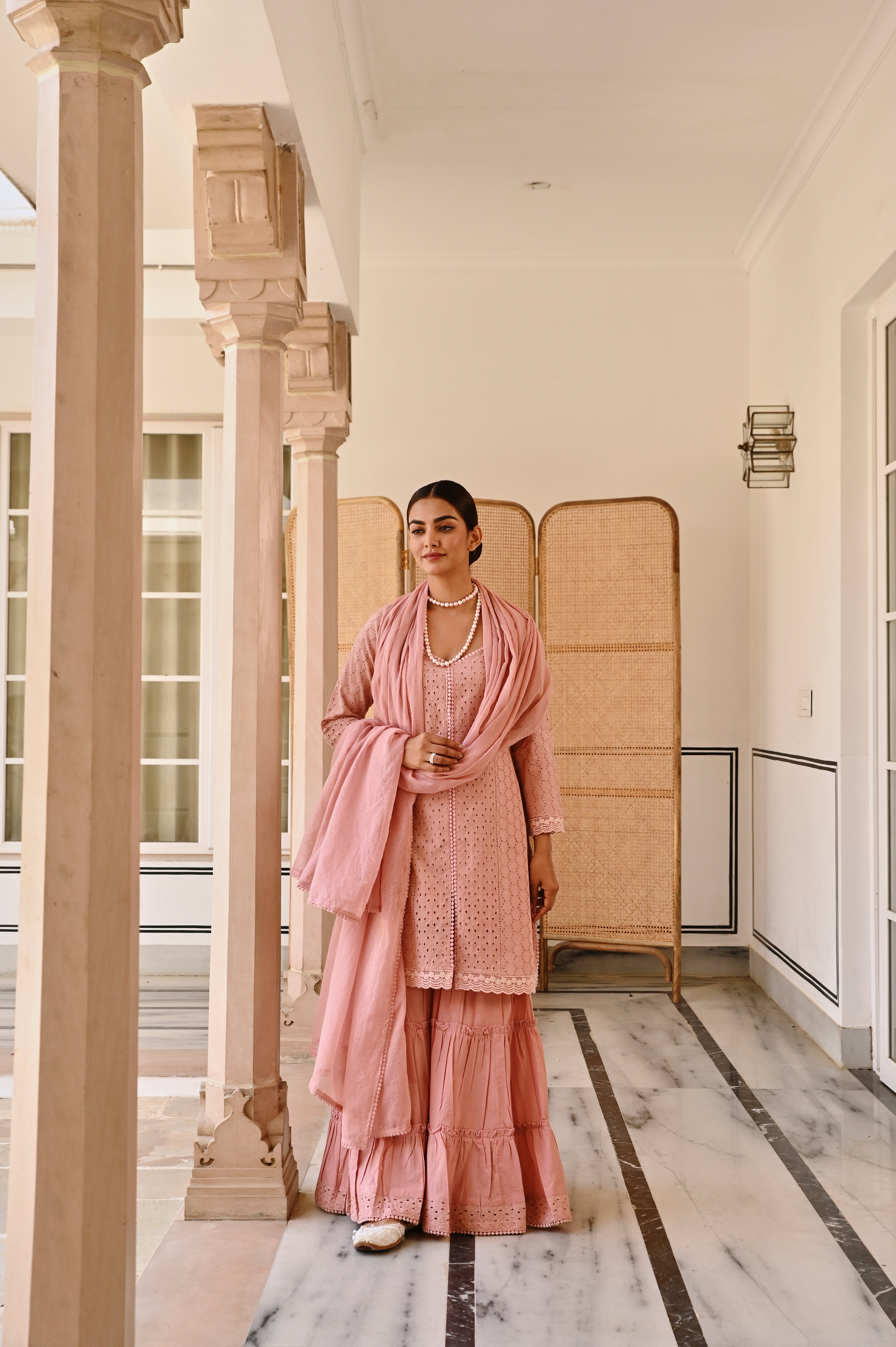 ROSE PINK SCHIFFALI KURTA SHARARA SET
