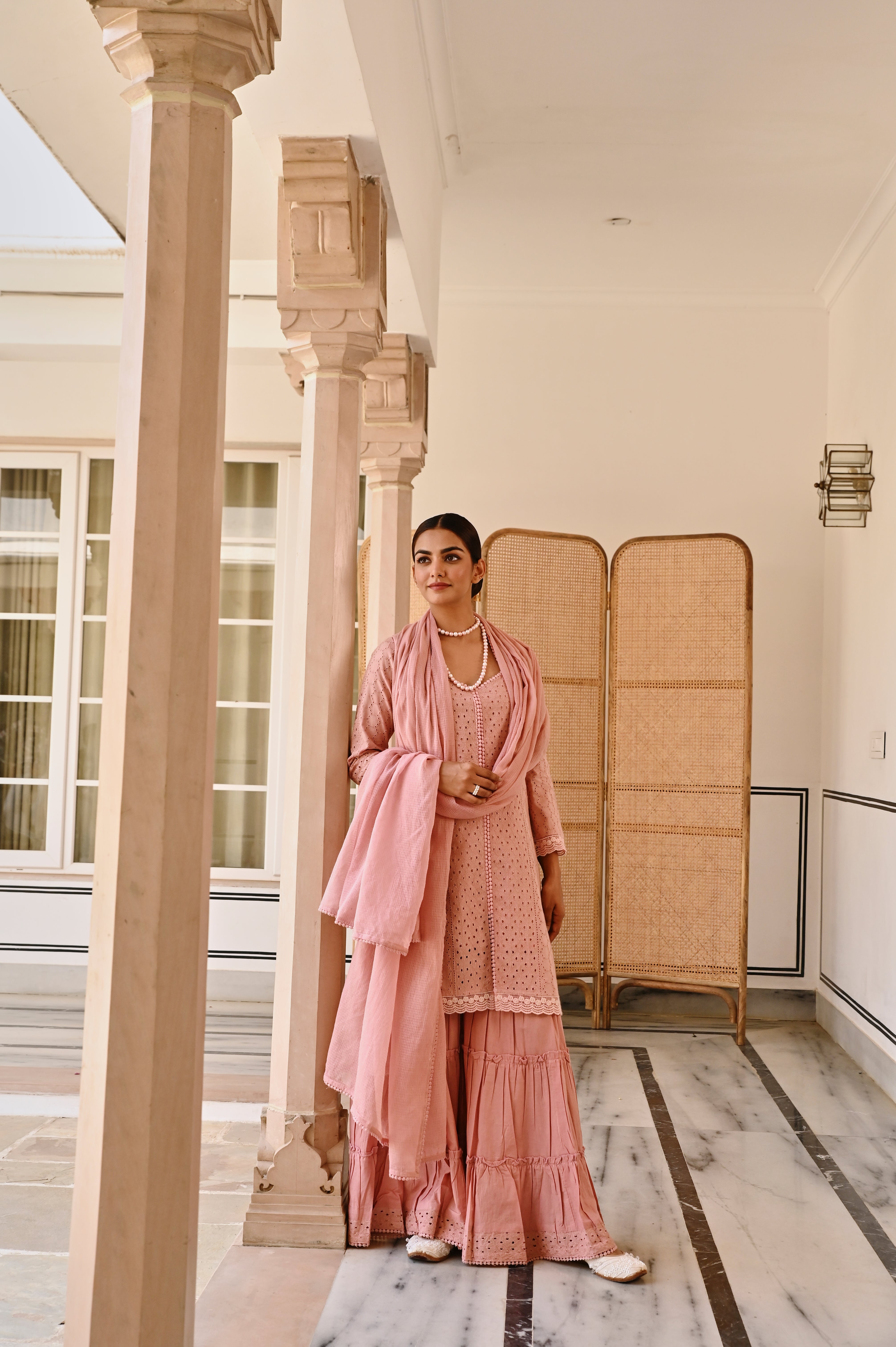 ROSE PINK SCHIFFALI KURTA SHARARA SET