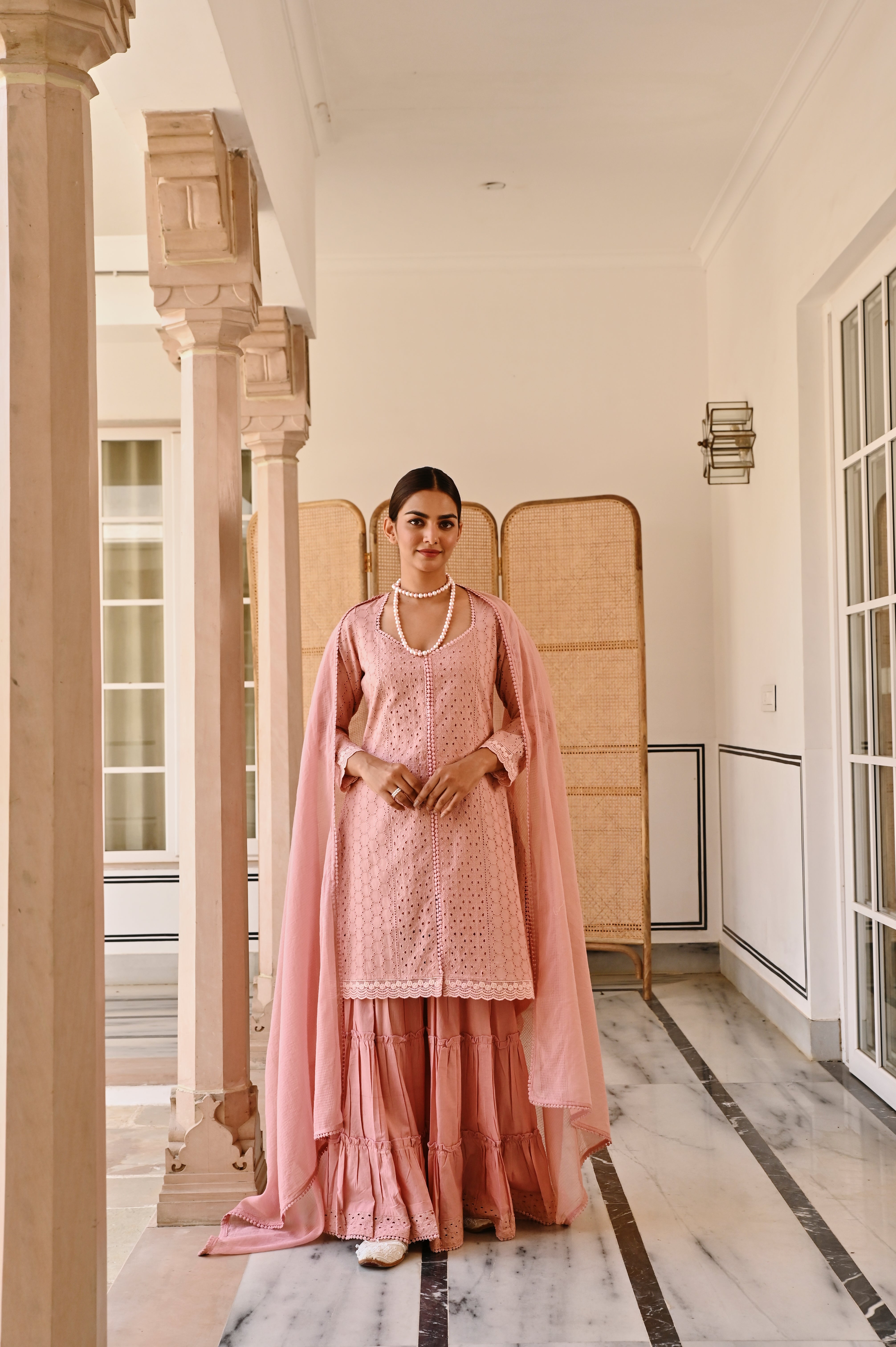 ROSE PINK SCHIFFALI KURTA SHARARA SET