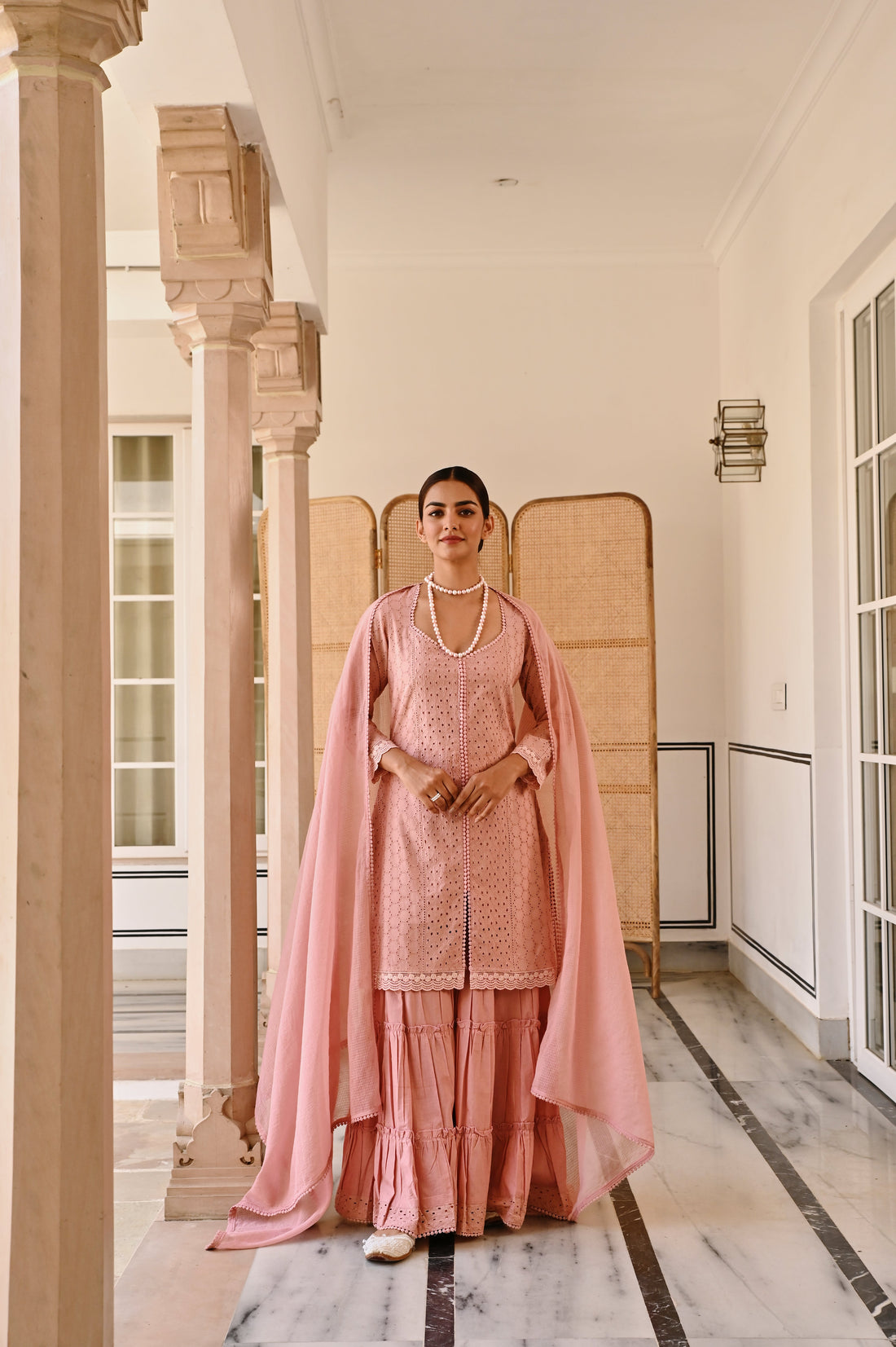 ROSE PINK SCHIFFALI KURTA SHARARA SET