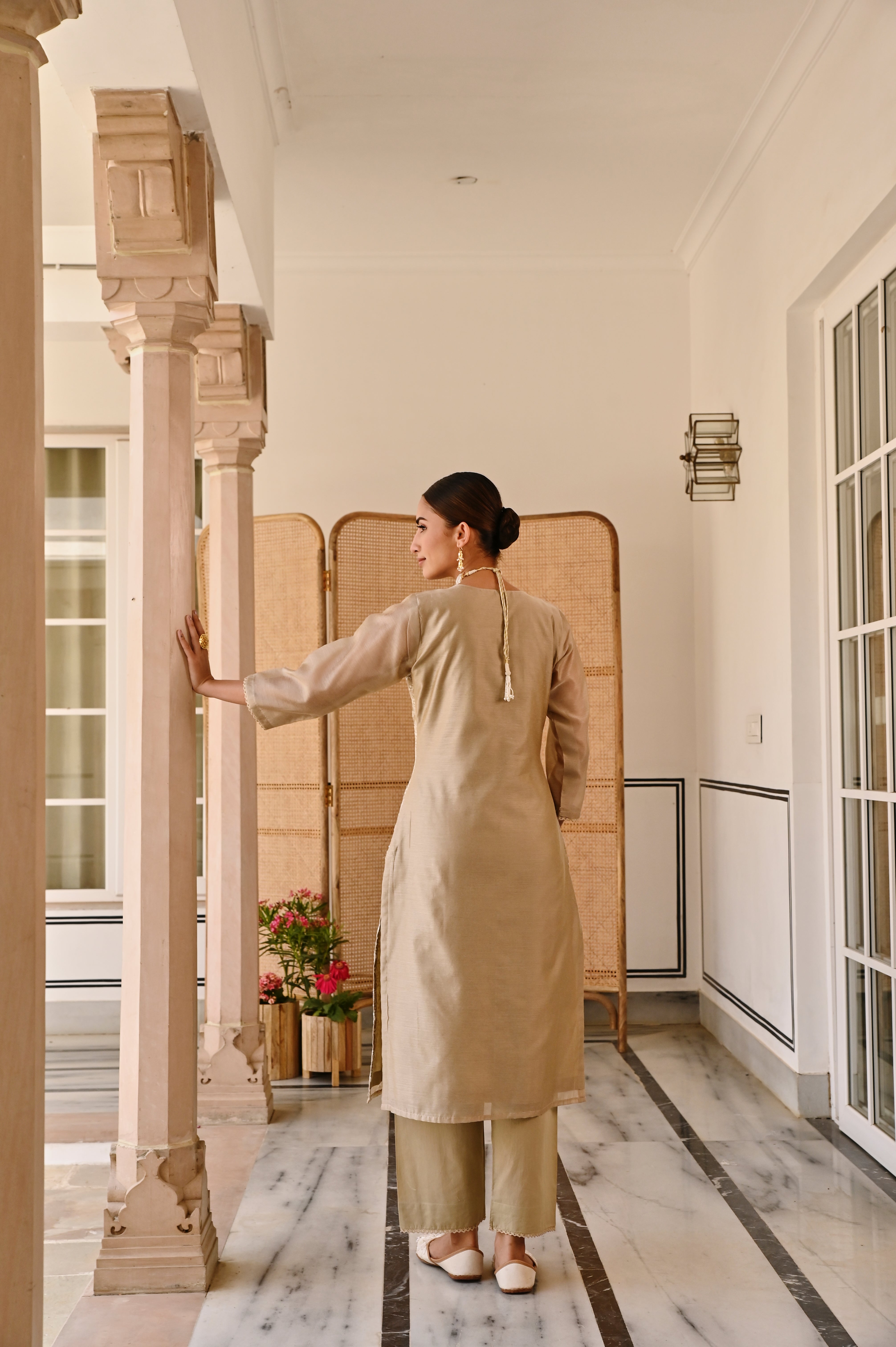 BEIGE CHIKANKARI CHANDERI KURTA SET