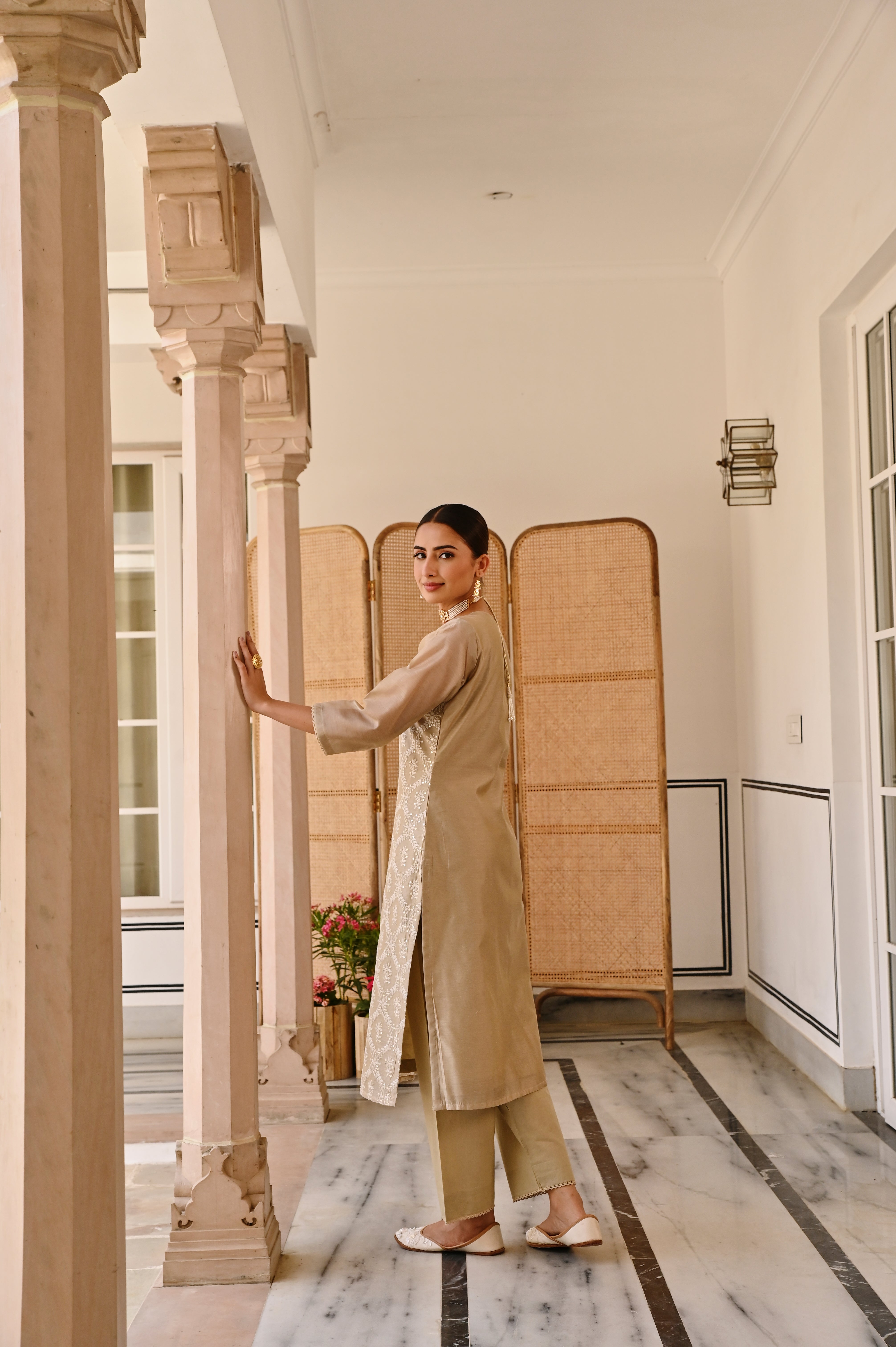BEIGE CHIKANKARI CHANDERI KURTA SET