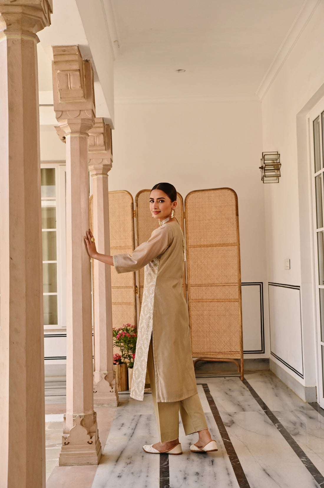 BEIGE CHIKANKARI CHANDERI KURTA SET
