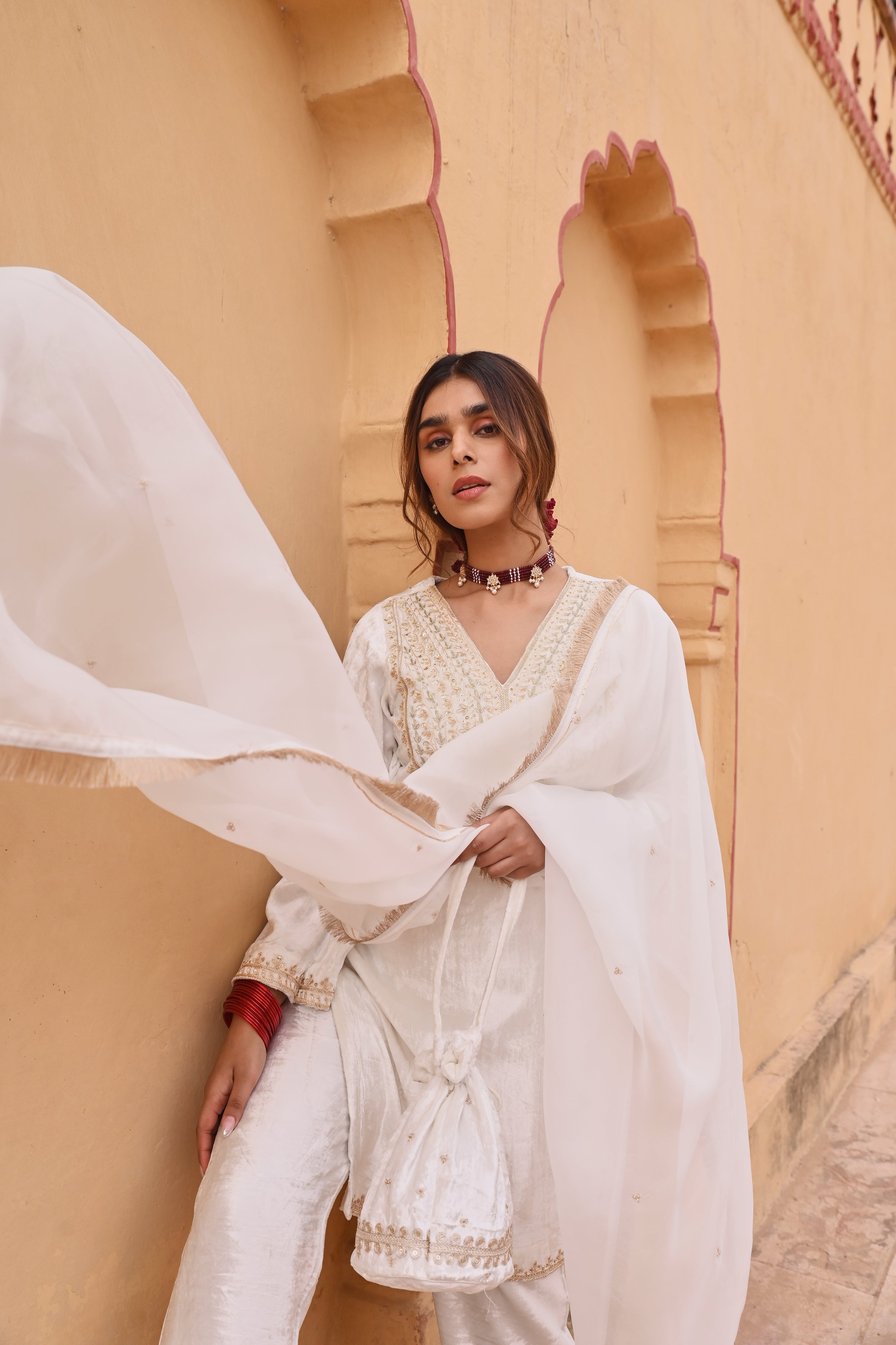 WHITE SHORT VELVET KURTA SET