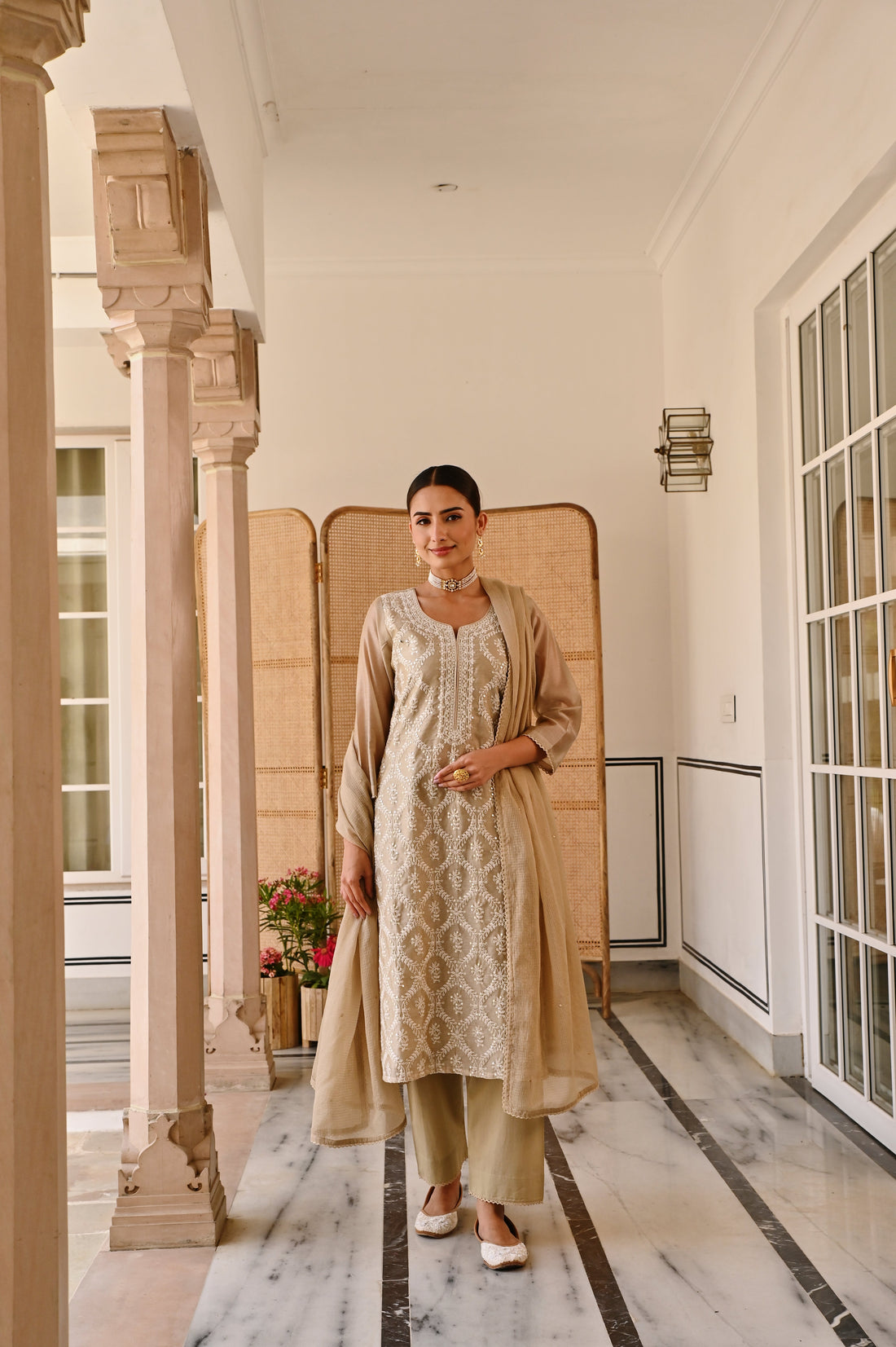 BEIGE CHIKANKARI CHANDERI KURTA SET