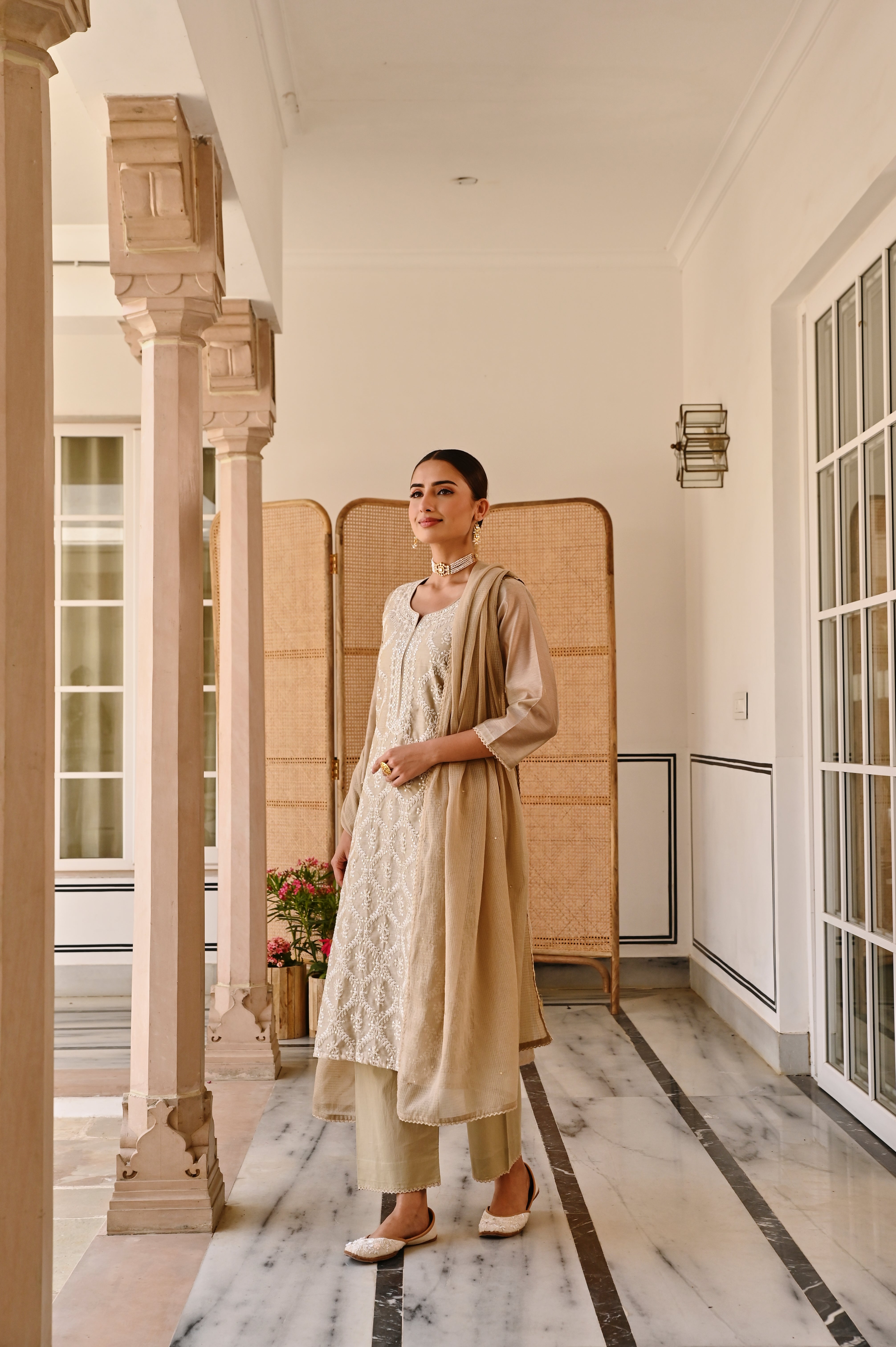 BEIGE CHIKANKARI CHANDERI KURTA SET