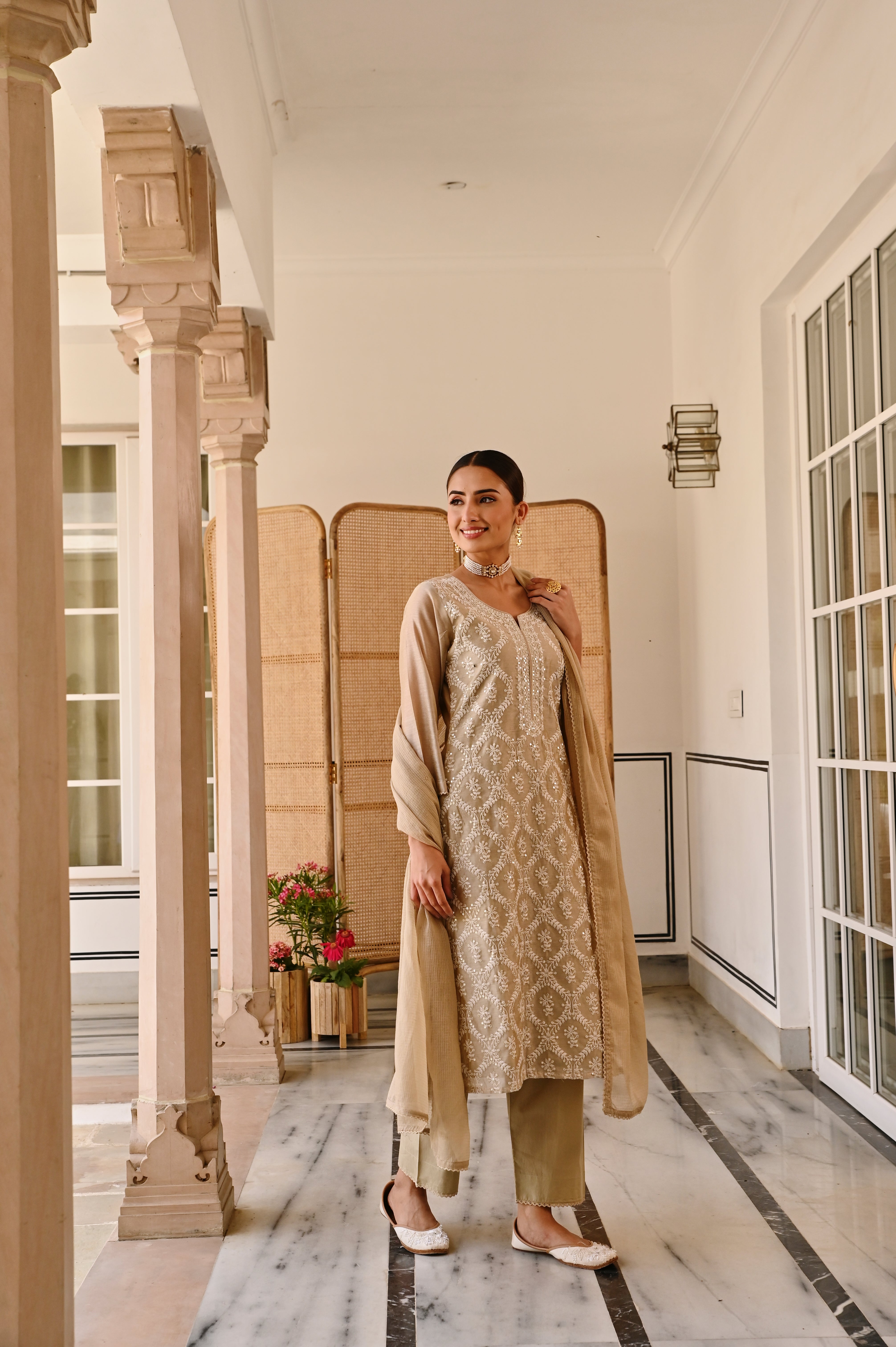 BEIGE CHIKANKARI CHANDERI KURTA SET