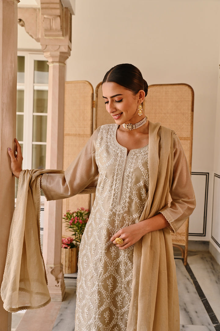 BEIGE CHIKANKARI CHANDERI KURTA SET