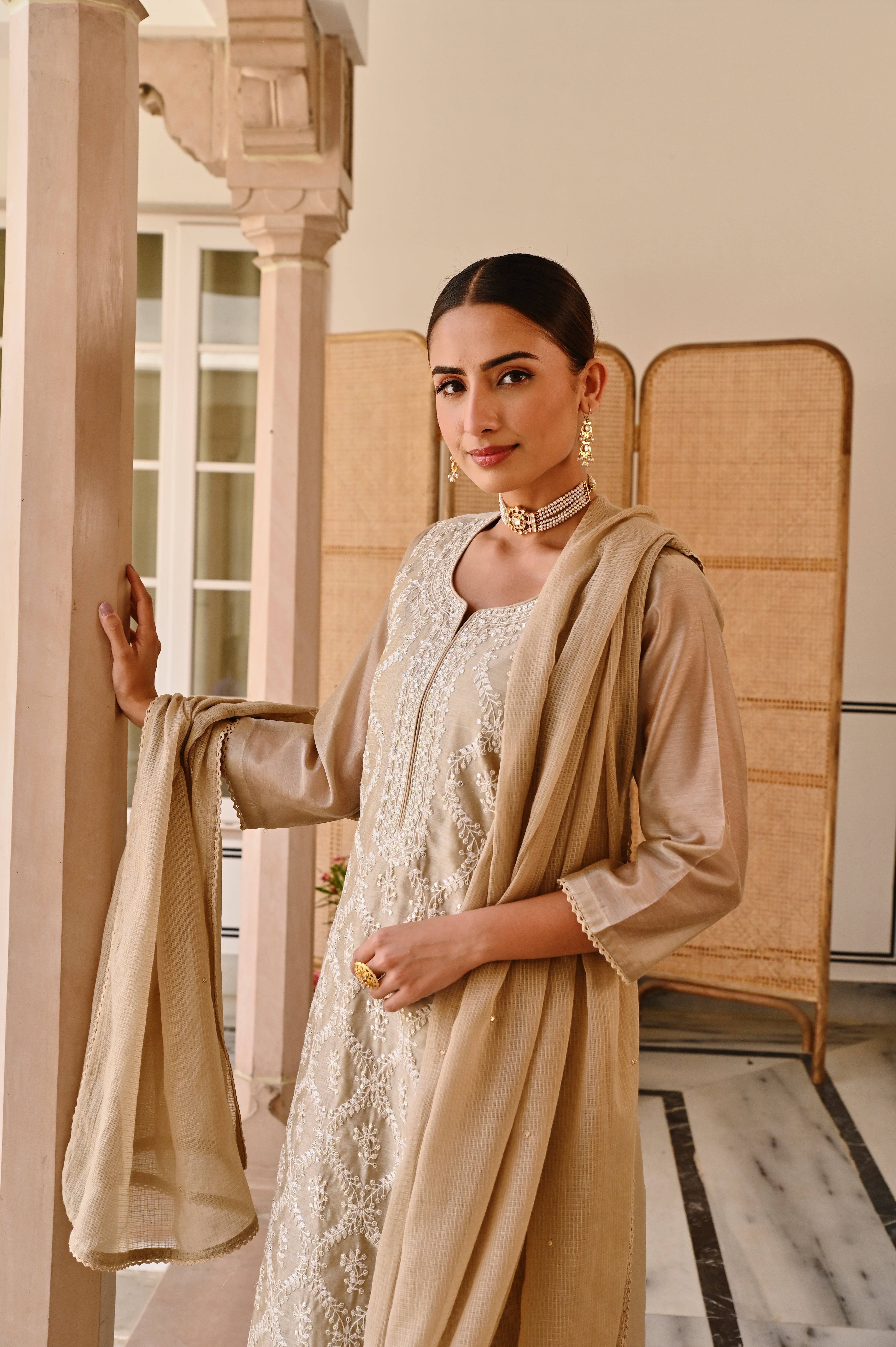 BEIGE CHIKANKARI CHANDERI KURTA SET