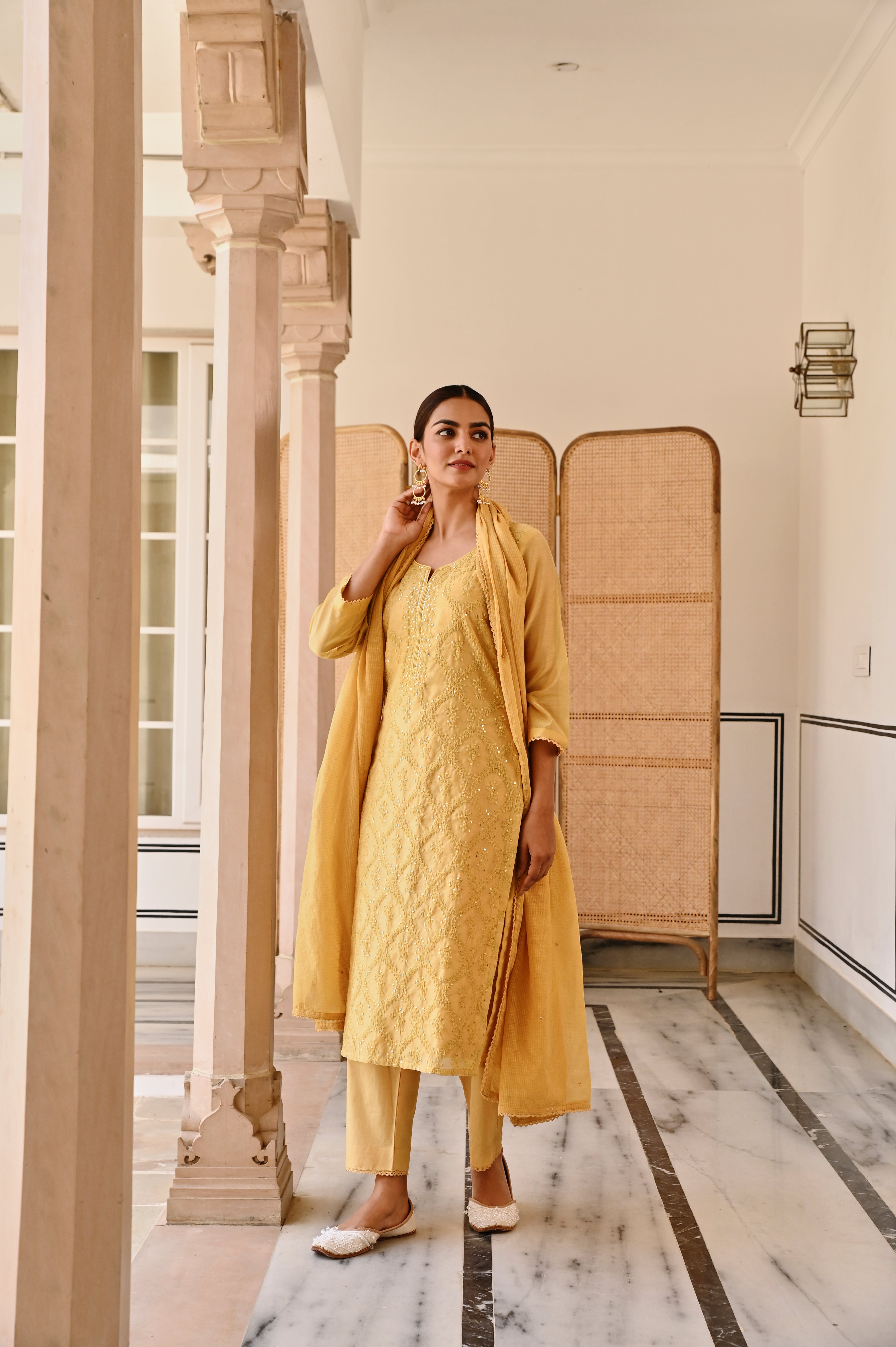 MUSTARD YELLOW EMBROIDERED CHIKANKARI CHANDERI KURTA SET