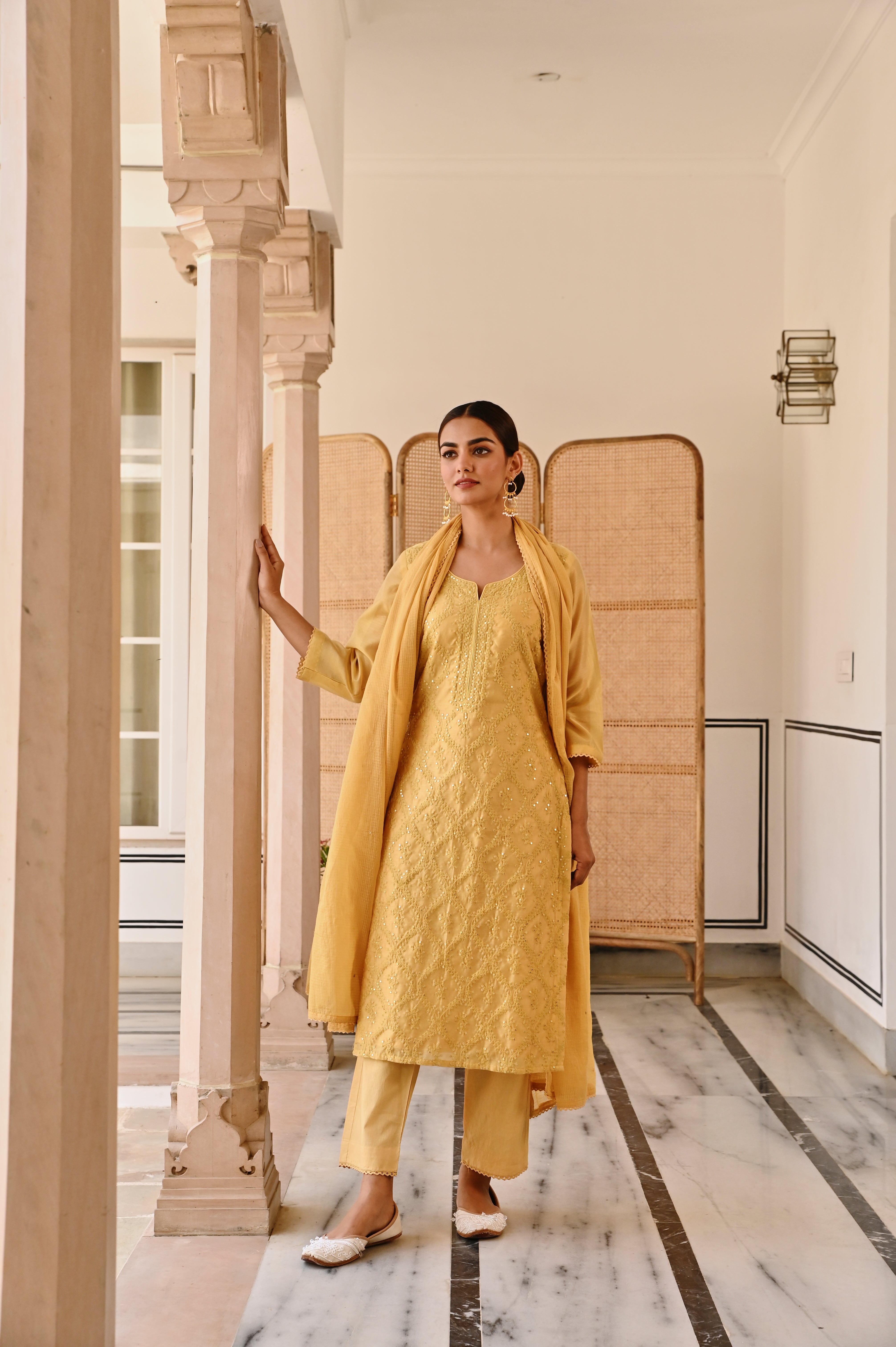 MUSTARD YELLOW EMBROIDERED CHIKANKARI CHANDERI KURTA SET