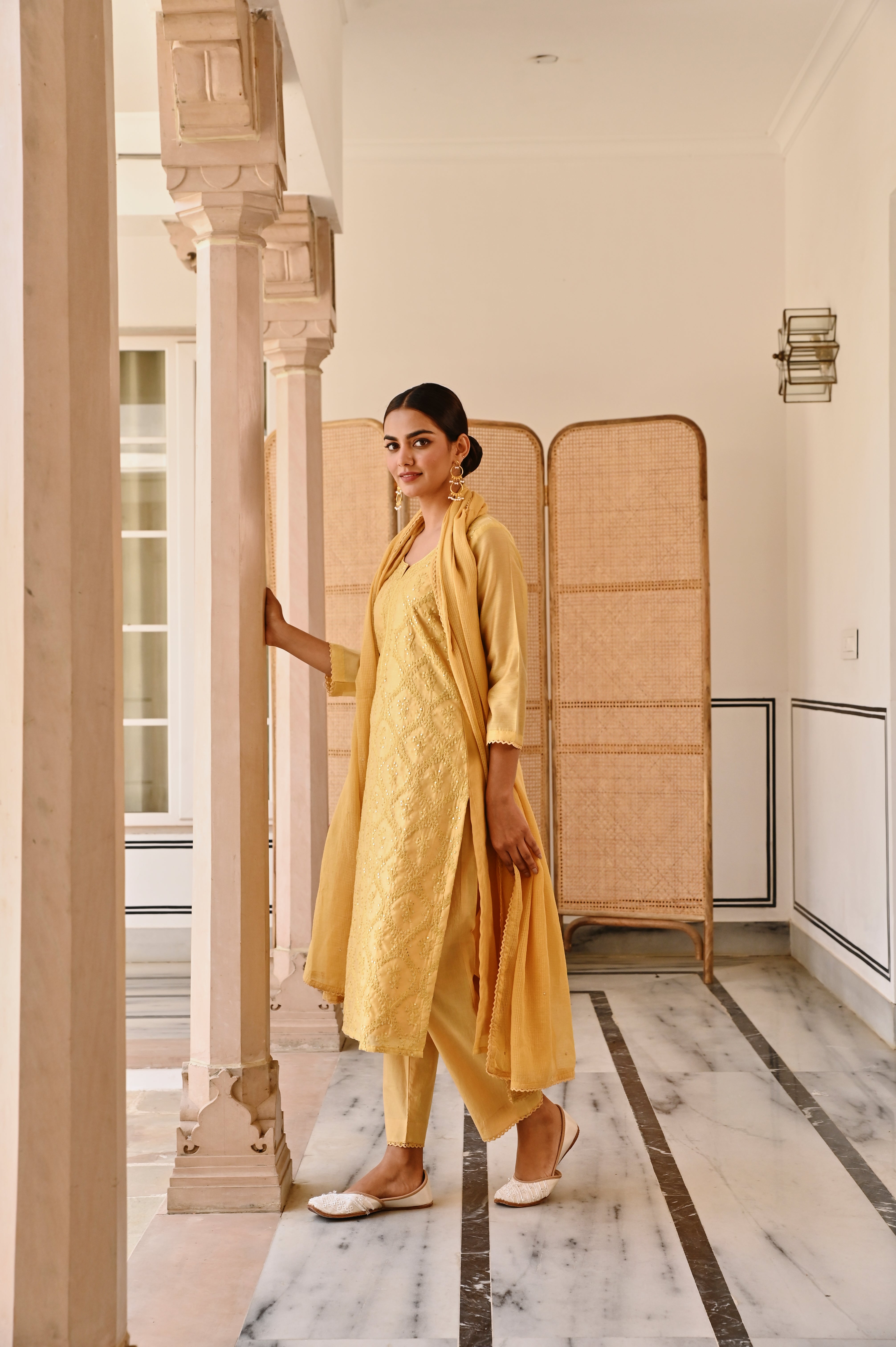 MUSTARD YELLOW EMBROIDERED CHIKANKARI CHANDERI KURTA SET