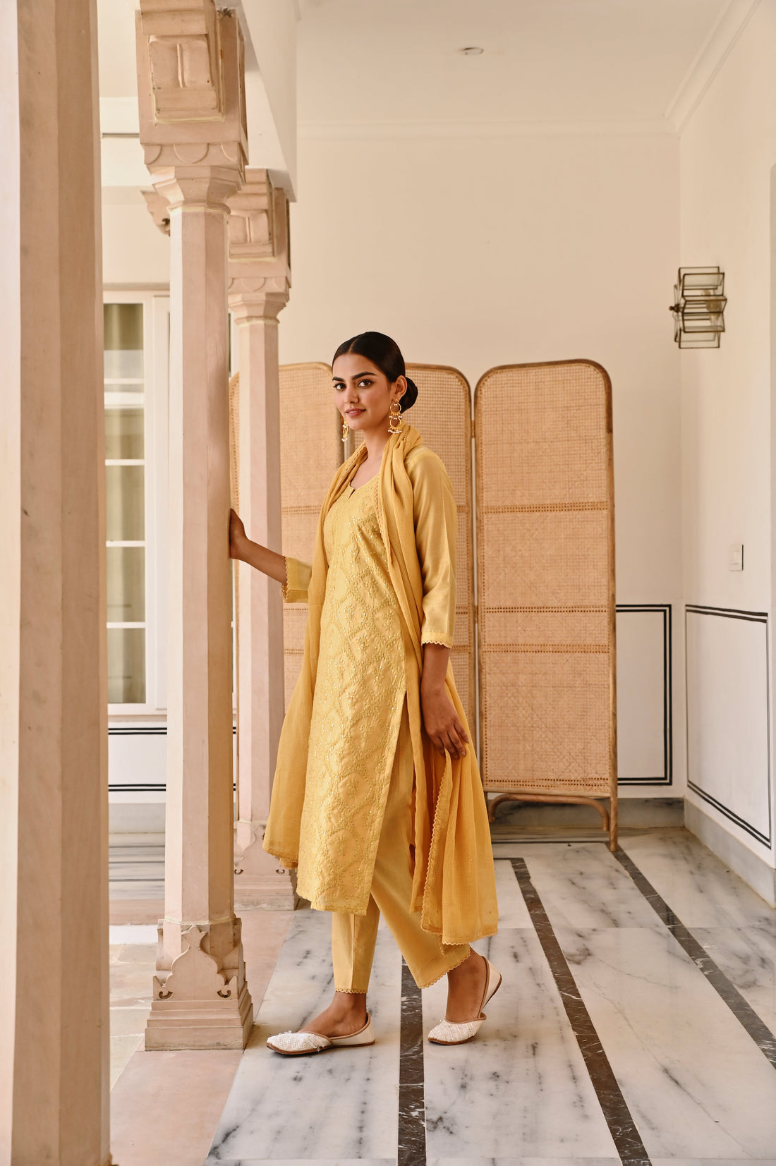MUSTARD YELLOW EMBROIDERED CHIKANKARI CHANDERI KURTA SET
