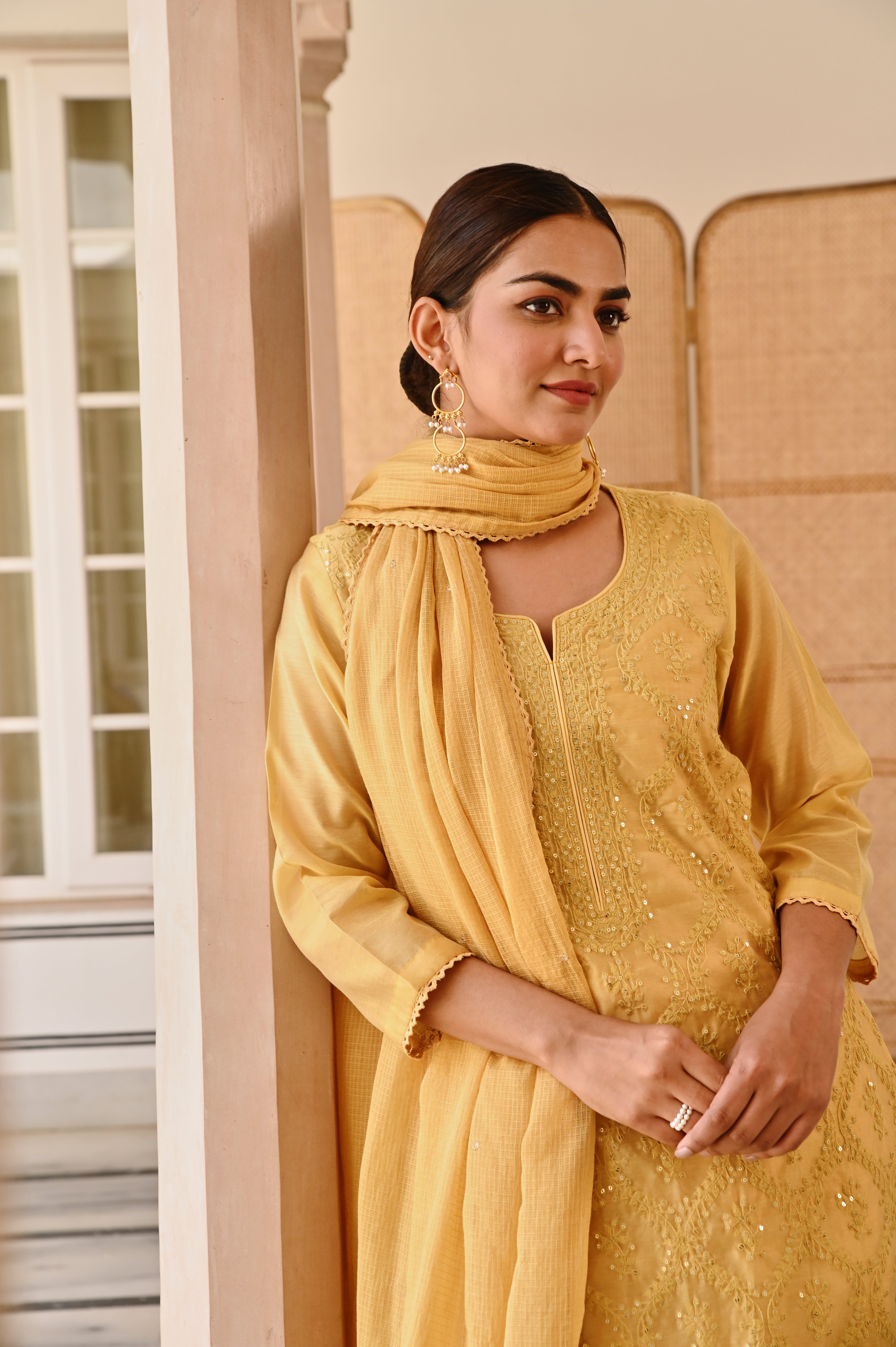 MUSTARD YELLOW EMBROIDERED CHIKANKARI CHANDERI KURTA SET