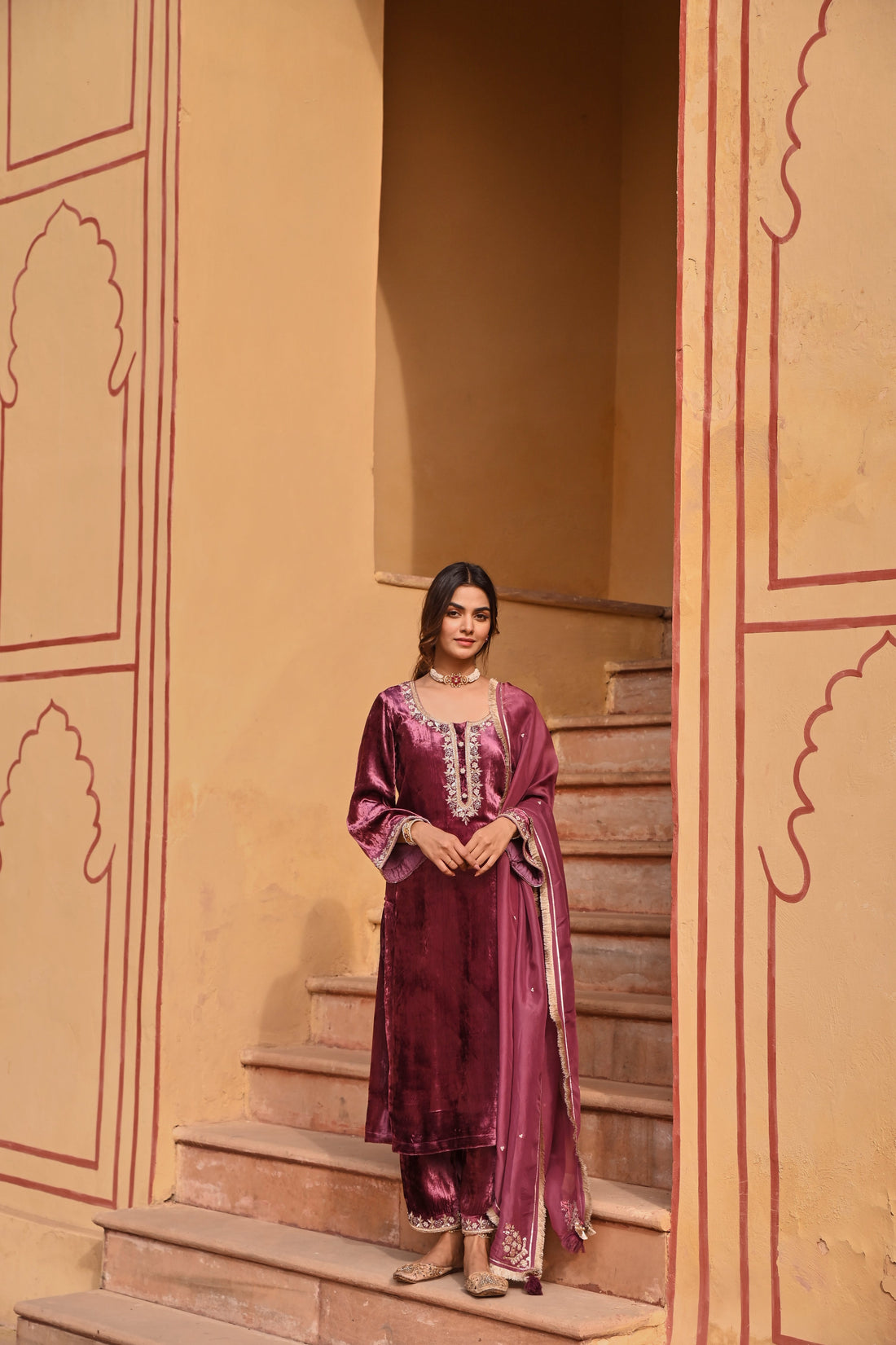 WINE VELVET KURTA SET