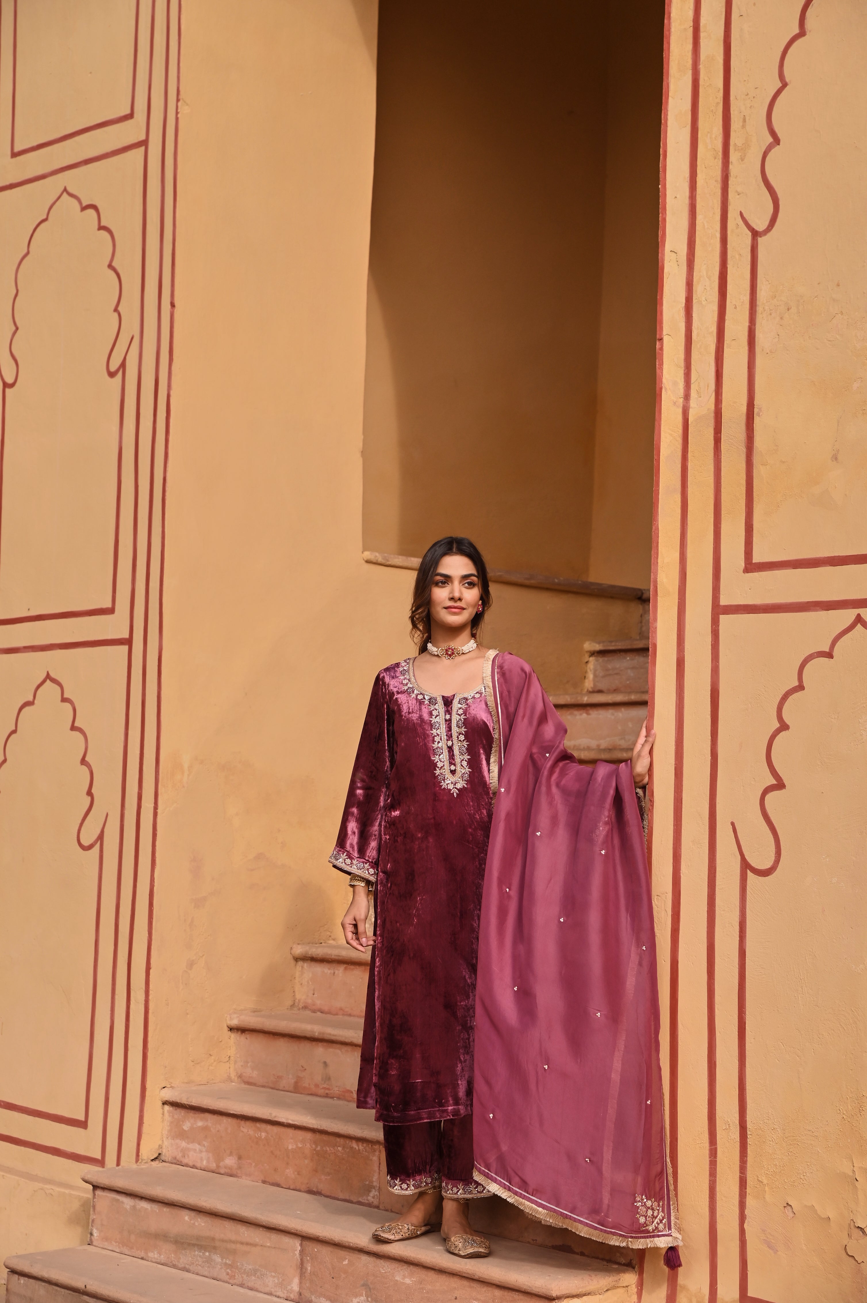 WINE VELVET KURTA SET