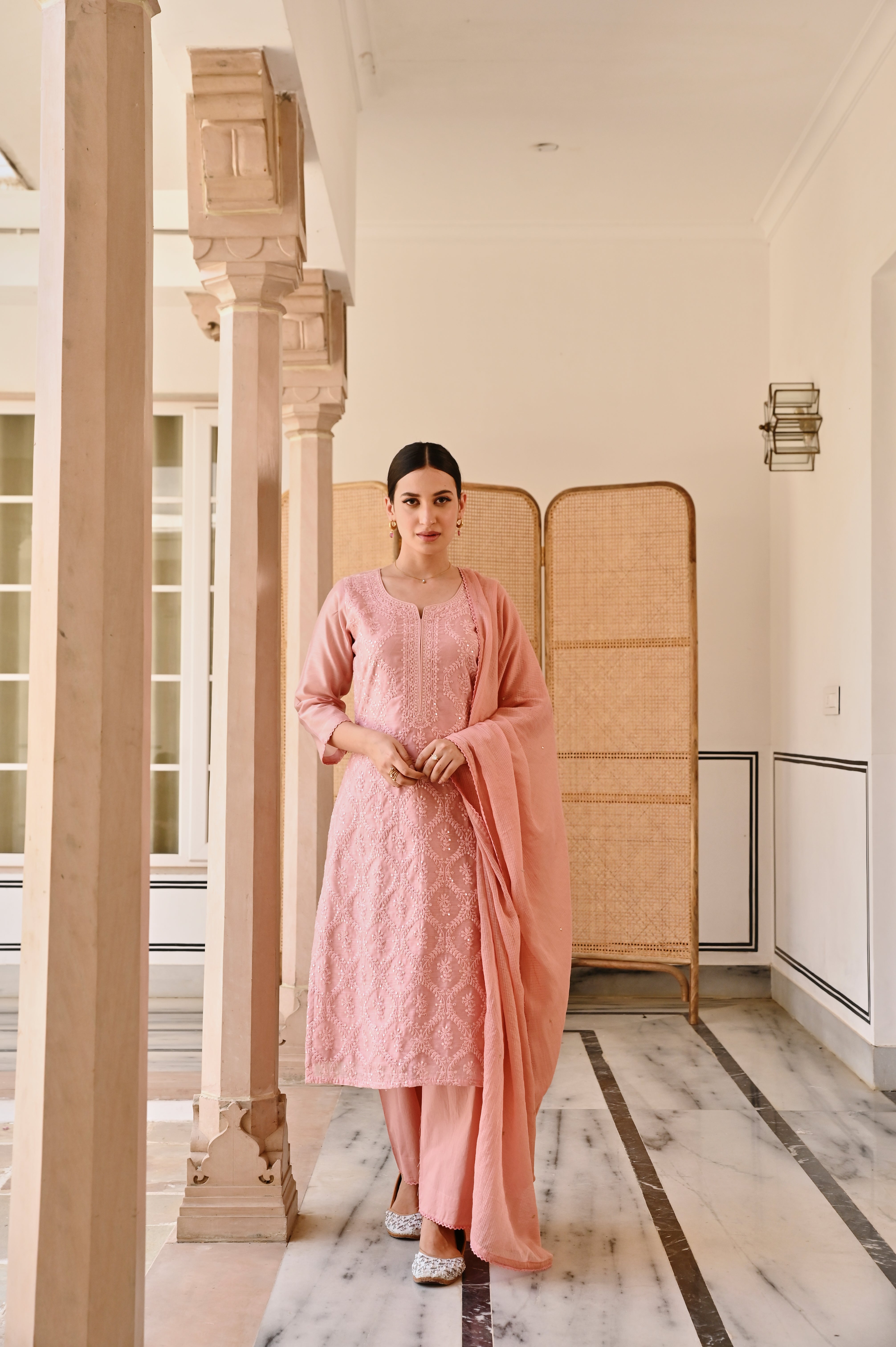 PEACH EMBROIDERED CHIKANKARI CHANDERI KURTA SET