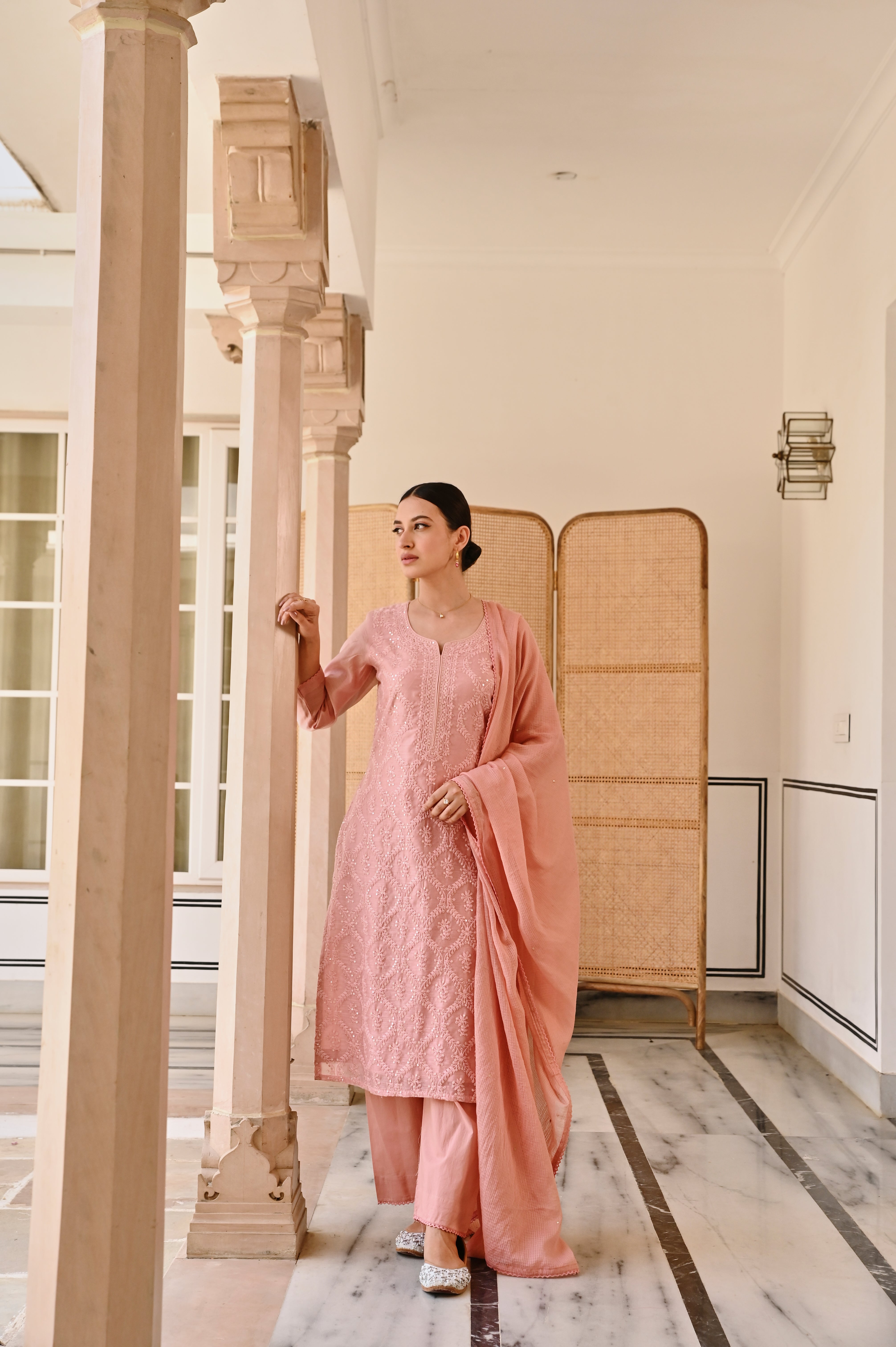 PEACH EMBROIDERED CHIKANKARI CHANDERI KURTA SET